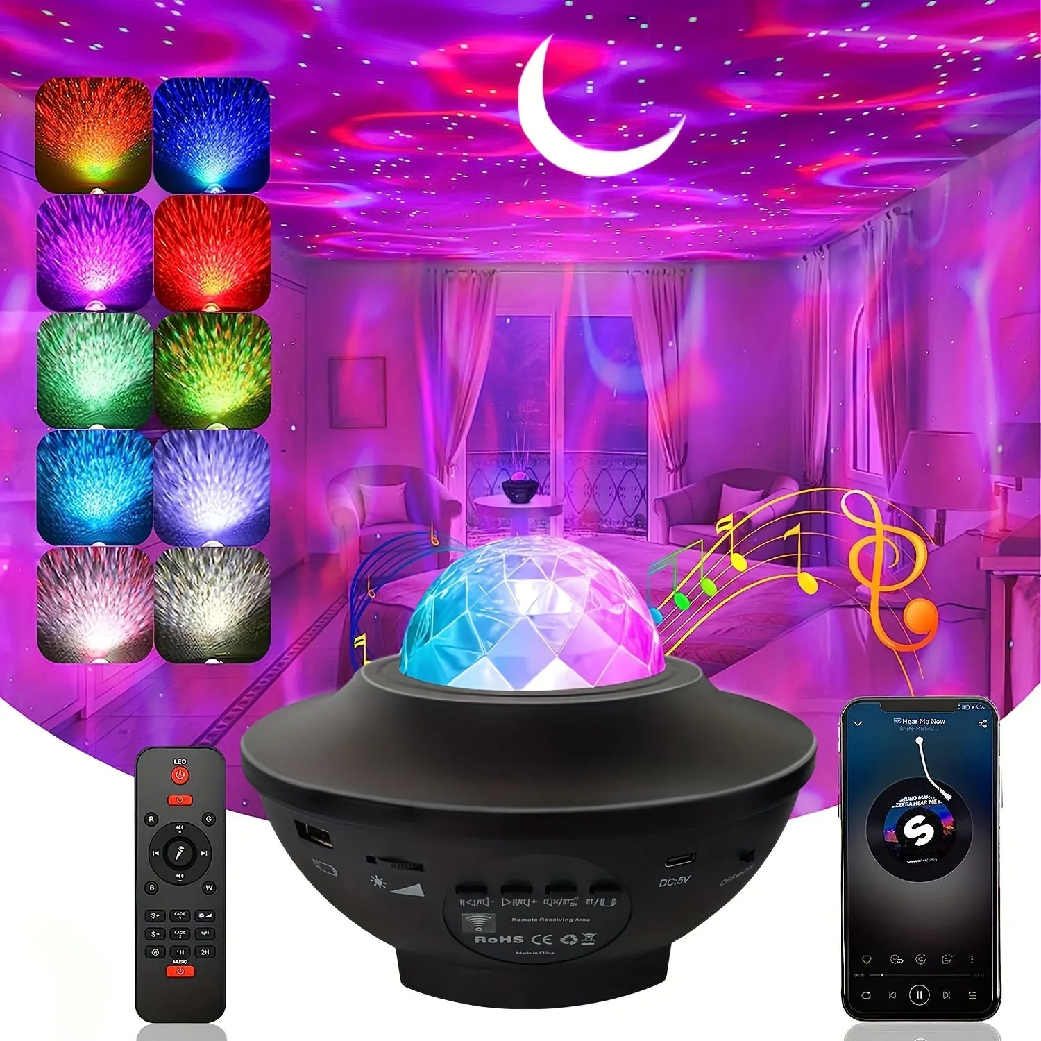 1pc Proiettore Luce notturna stellata Luce stellare lunare con altoparlante musicale, Luci per feste con telecomando che cambian
