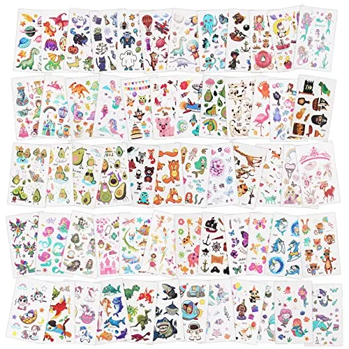 ACWOO Tatuaggi Temporanei Finti per Bambini, 60 Fogli, Set per per Ragazzi, Cartoni Animati, per Adulti Festa Compleann