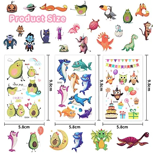 ACWOO Tatuaggi Temporanei Finti per Bambini, 60 Fogli, Set per per Ragazzi, Cartoni Animati, per Adulti Festa Compleann