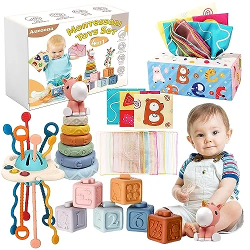 Auezona Giochi Montessori 6-9 Mesi, 4 in 1, Neonati, Bambini con UFO, Giocattoli Blocchi di Costruzione Impilabili 3 6 9 12 Mesi