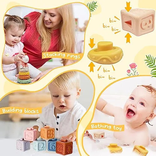 Auezona Giochi Montessori 6-9 Mesi, 4 in 1, Neonati, Bambini con UFO, Giocattoli Blocchi di Costruzione Impilabili 3 6 9 12 Mesi