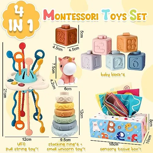 Auezona Giochi Montessori 6-9 Mesi, 4 in 1, Neonati, Bambini con UFO, Giocattoli Blocchi di Costruzione Impilabili 3 6 9 12 Mesi
