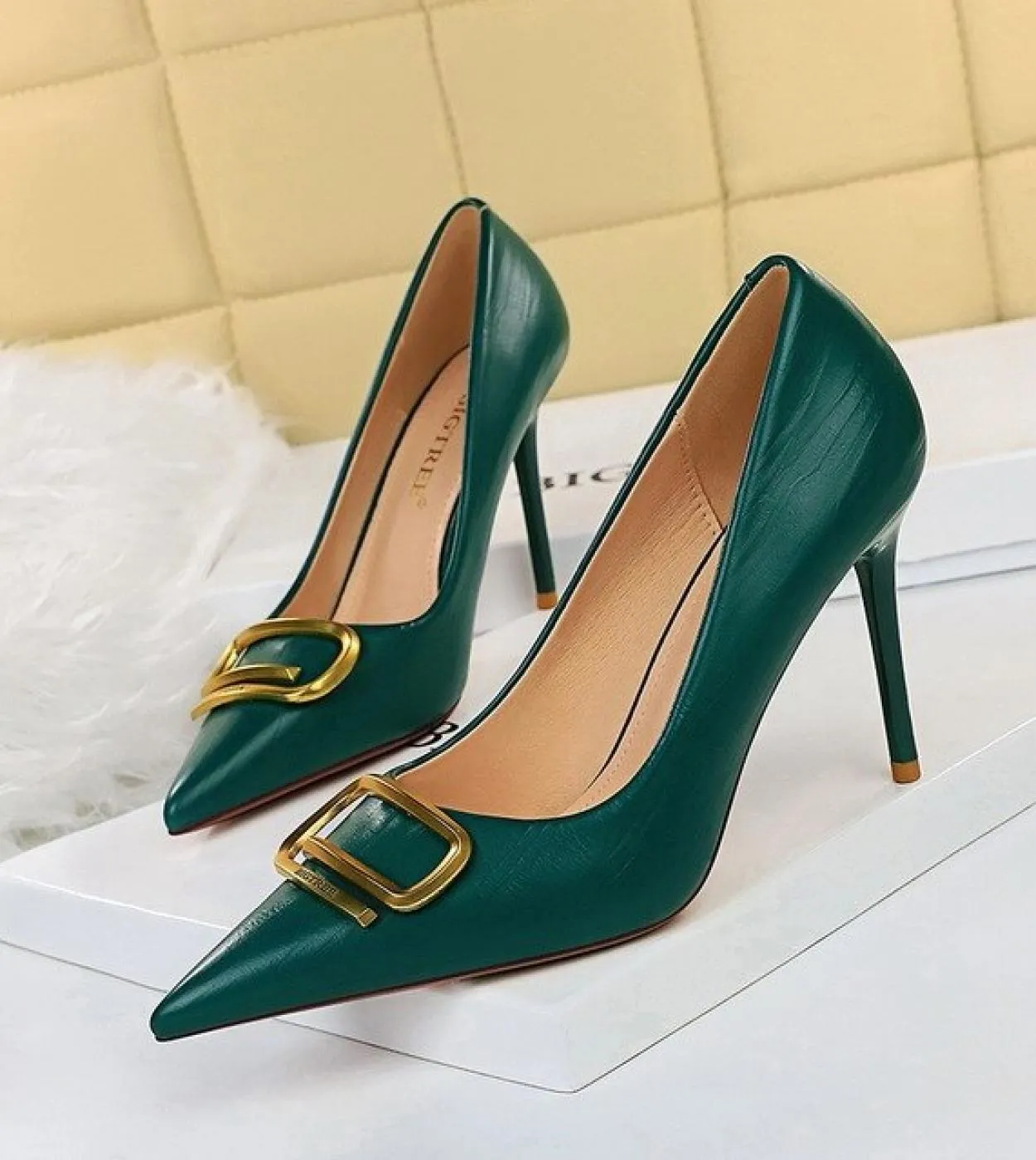 Bigtree Metal Square Buckle Tacchi alti 95cm Scarpe da festa Nero Verde Rosso Donna Décolleté Scarpe con tacco per scarpe da don