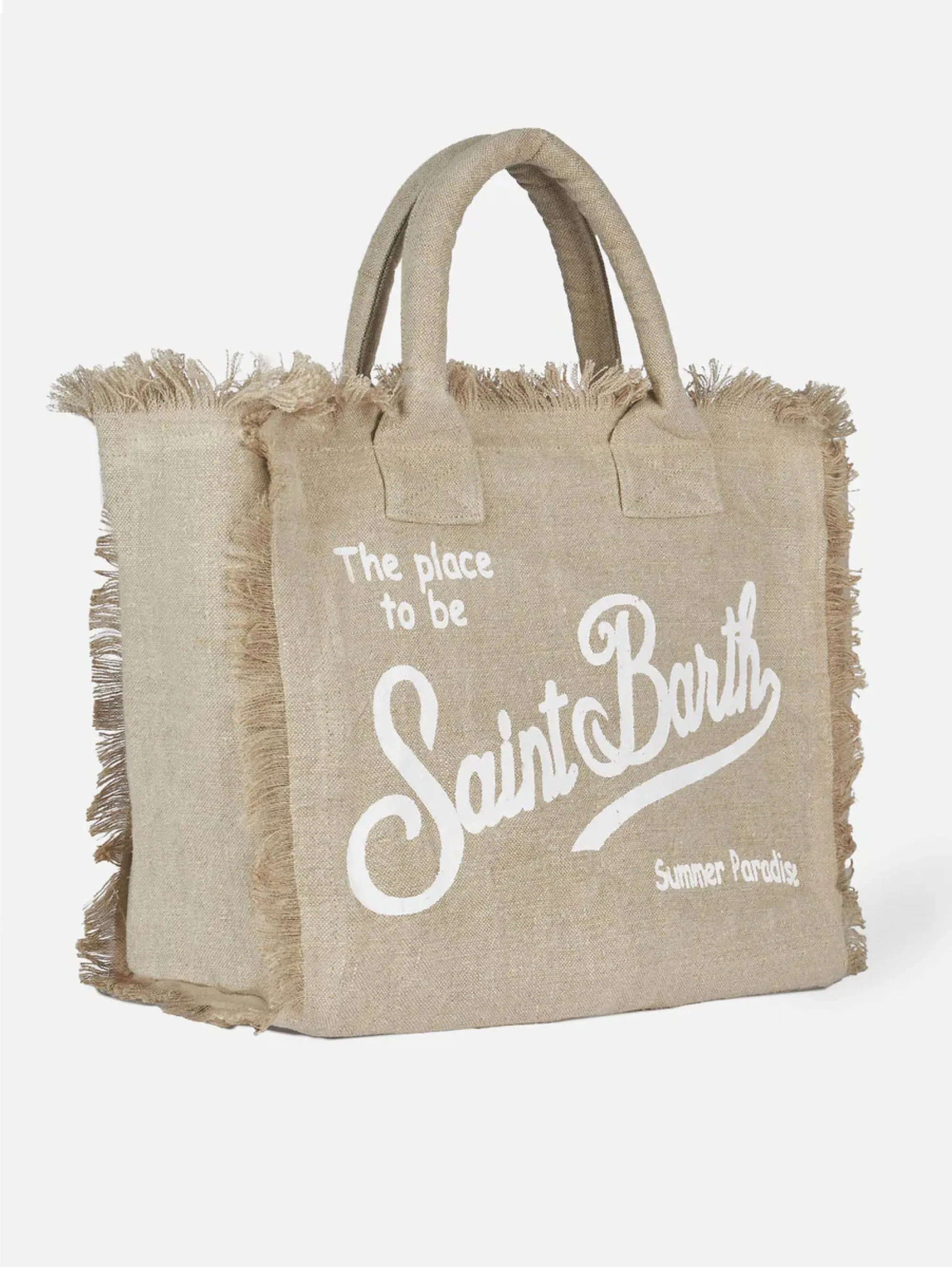 Borsa Tote in Lino con Frange Beige