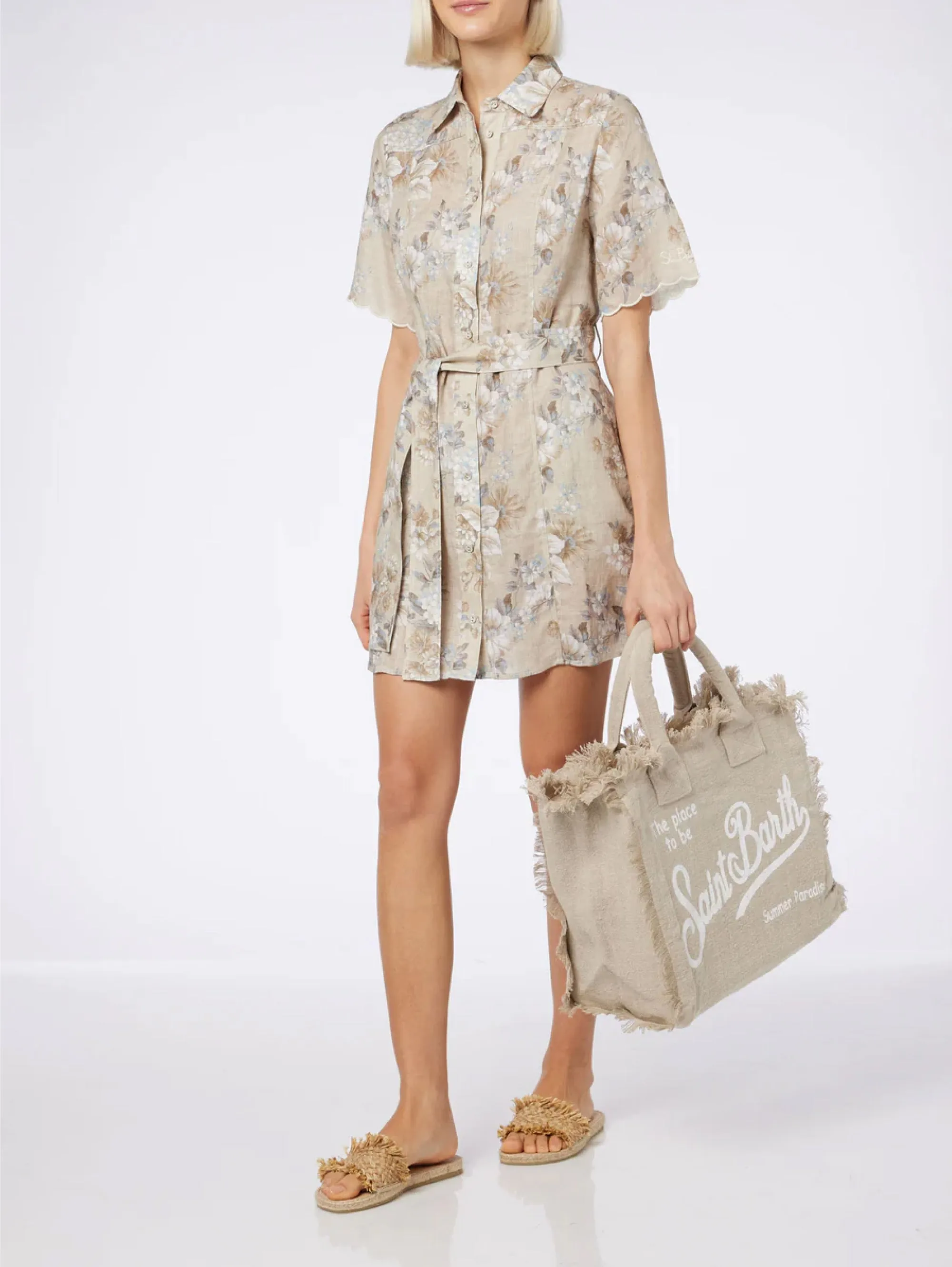 Borsa Tote in Lino con Frange Beige