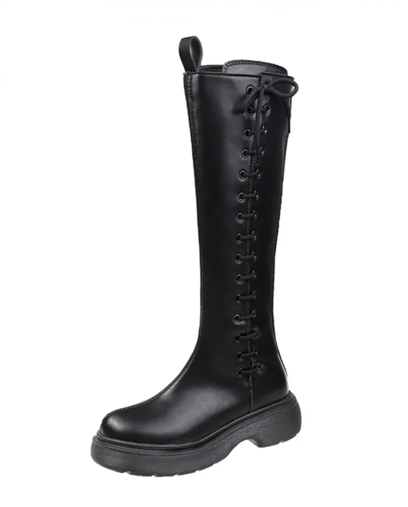 Botas Mujer Invierno 2022 di Nuovo Modo di Inverno Lace Up Stivali Al Ginocchio Punta Rotonda Suola Spessa Delle Donne di Alta S