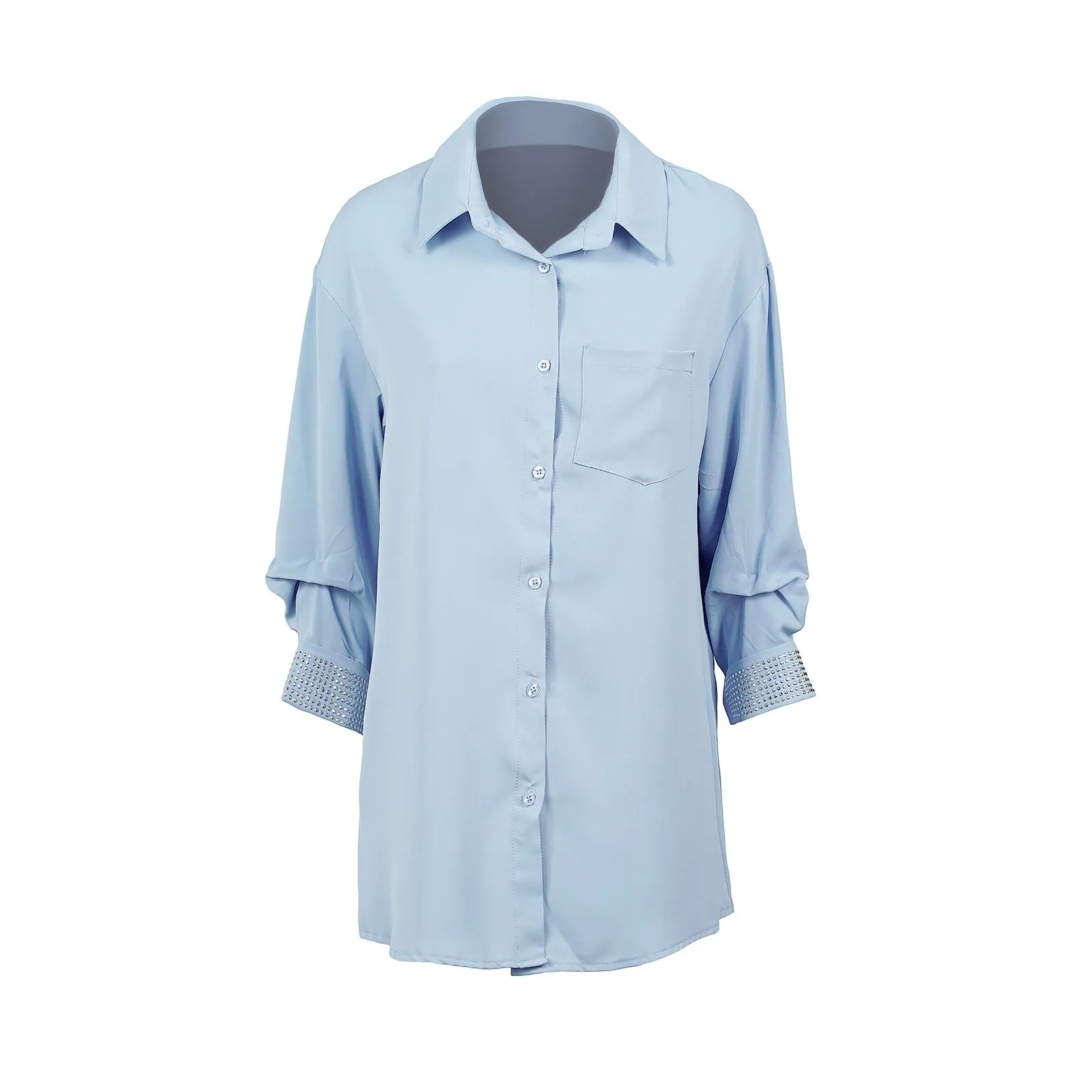 Camicia azzurra oversize con polsini con strass