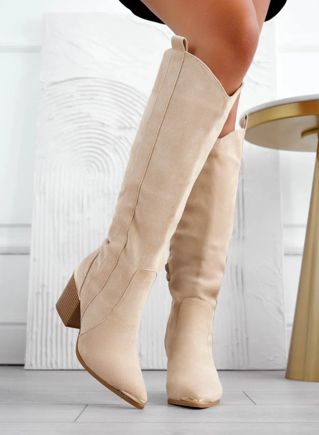 FEDERICA - Stivali camperos beige con tacco in finto legno