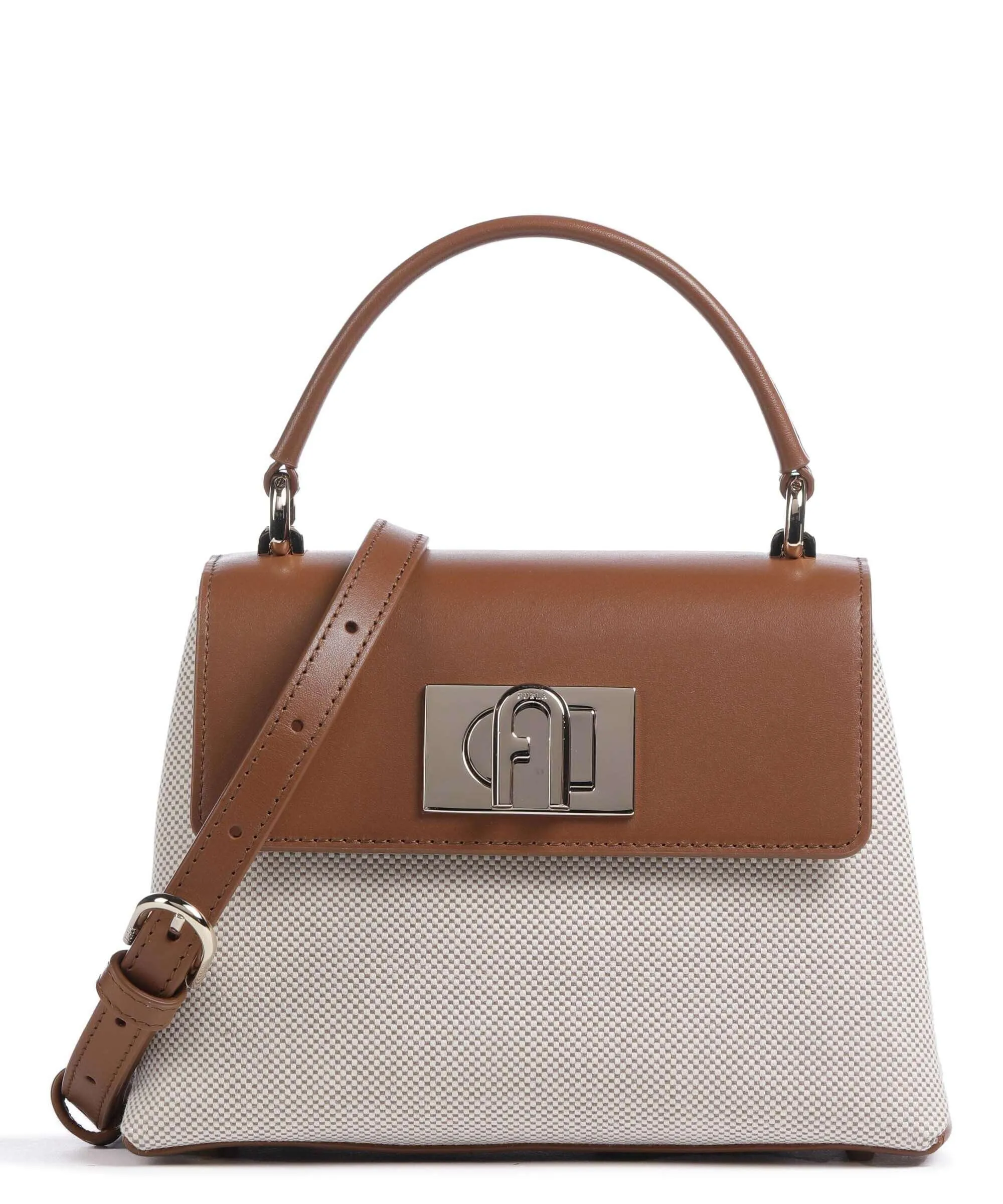  Furla 1927 Mini Borsa a mano cotone, pelle a grana fine beige/marrone  
