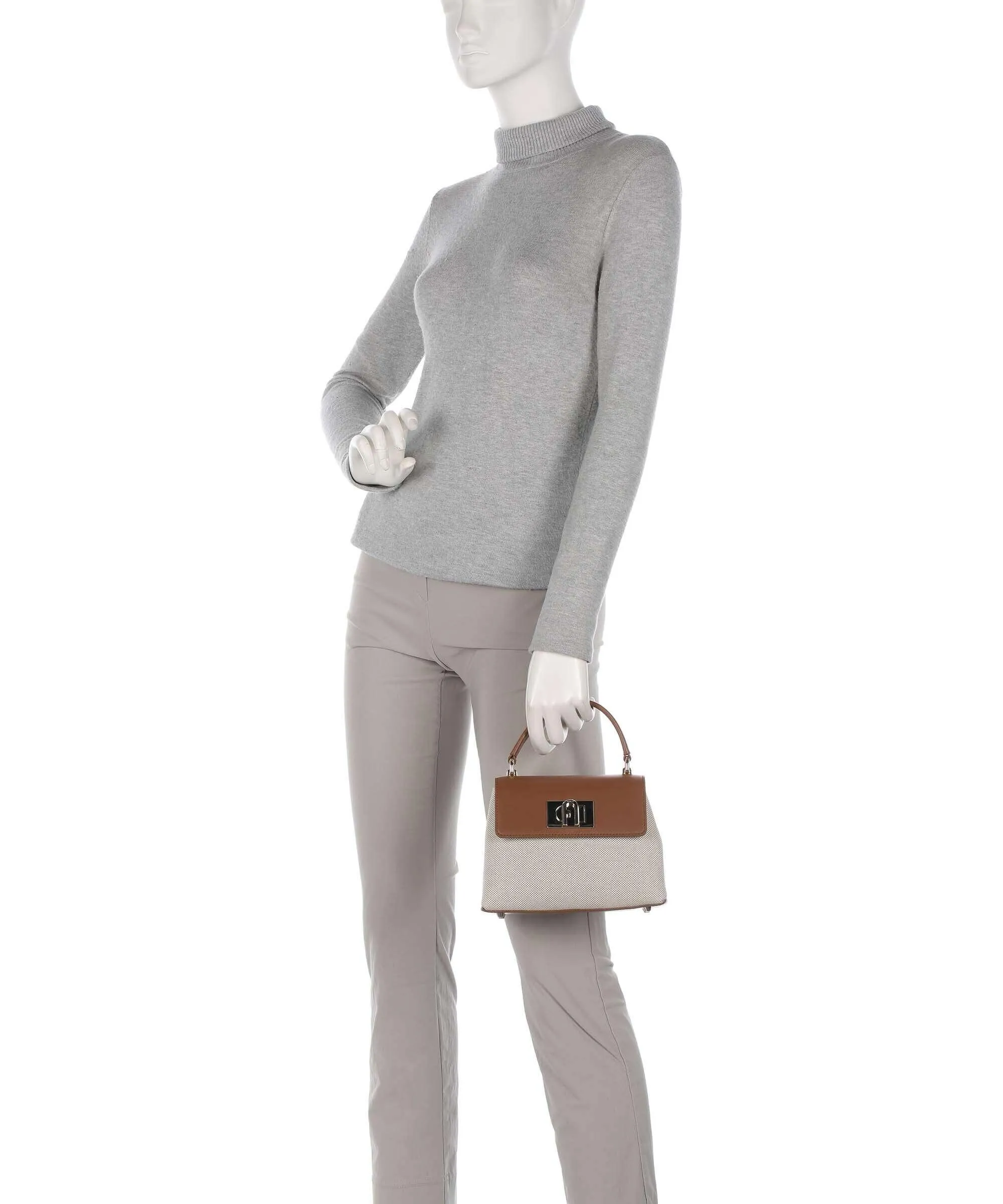  Furla 1927 Mini Borsa a mano cotone, pelle a grana fine beige/marrone  