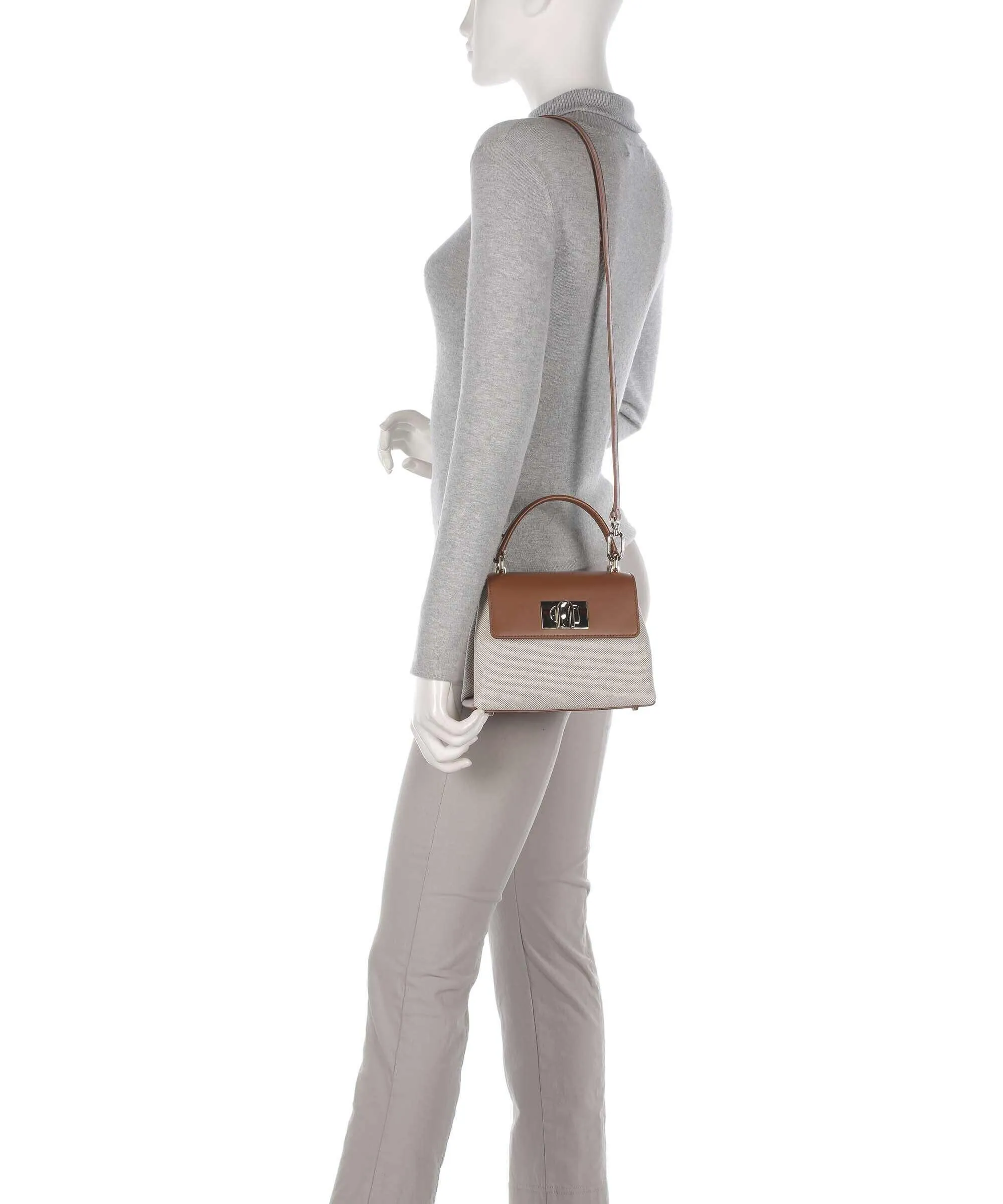  Furla 1927 Mini Borsa a mano cotone, pelle a grana fine beige/marrone  