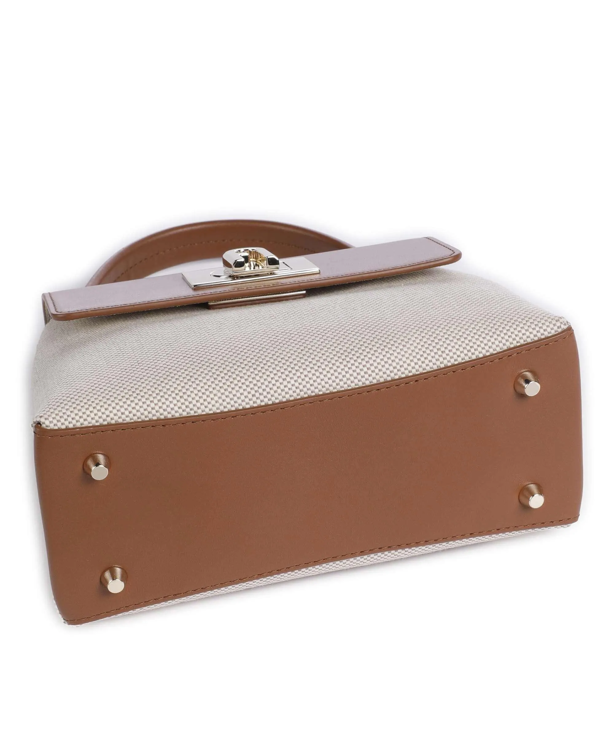  Furla 1927 Mini Borsa a mano cotone, pelle a grana fine beige/marrone  