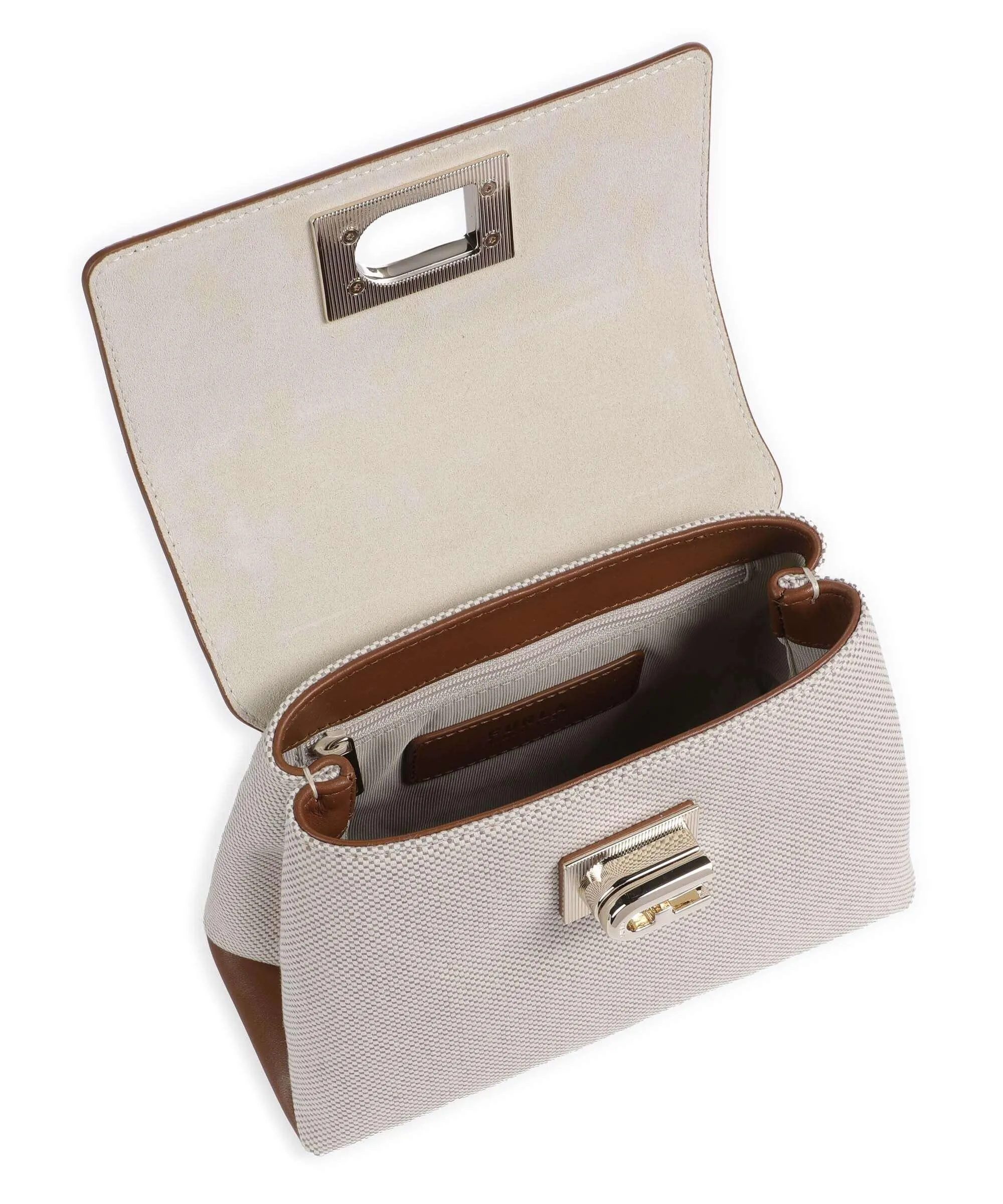  Furla 1927 Mini Borsa a mano cotone, pelle a grana fine beige/marrone  