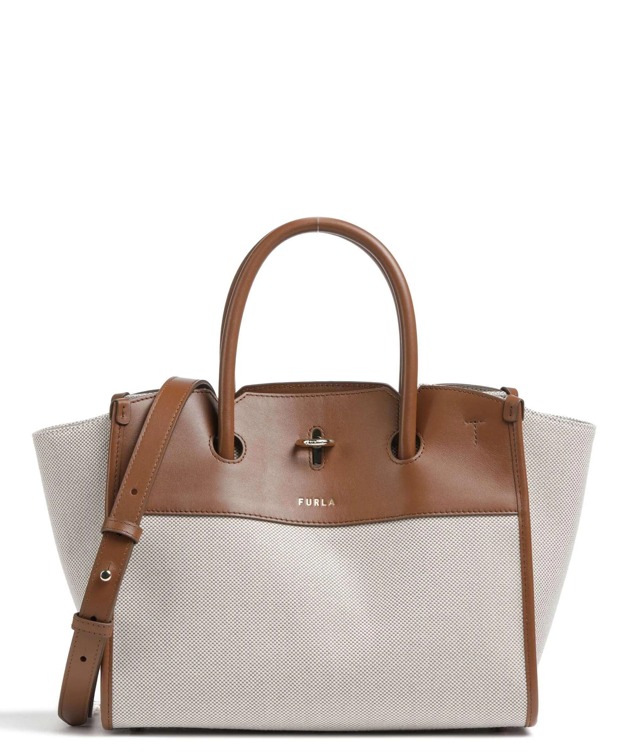  Furla Genesi M Borsa a mano pelle a grana fine, cotone beige/marrone  