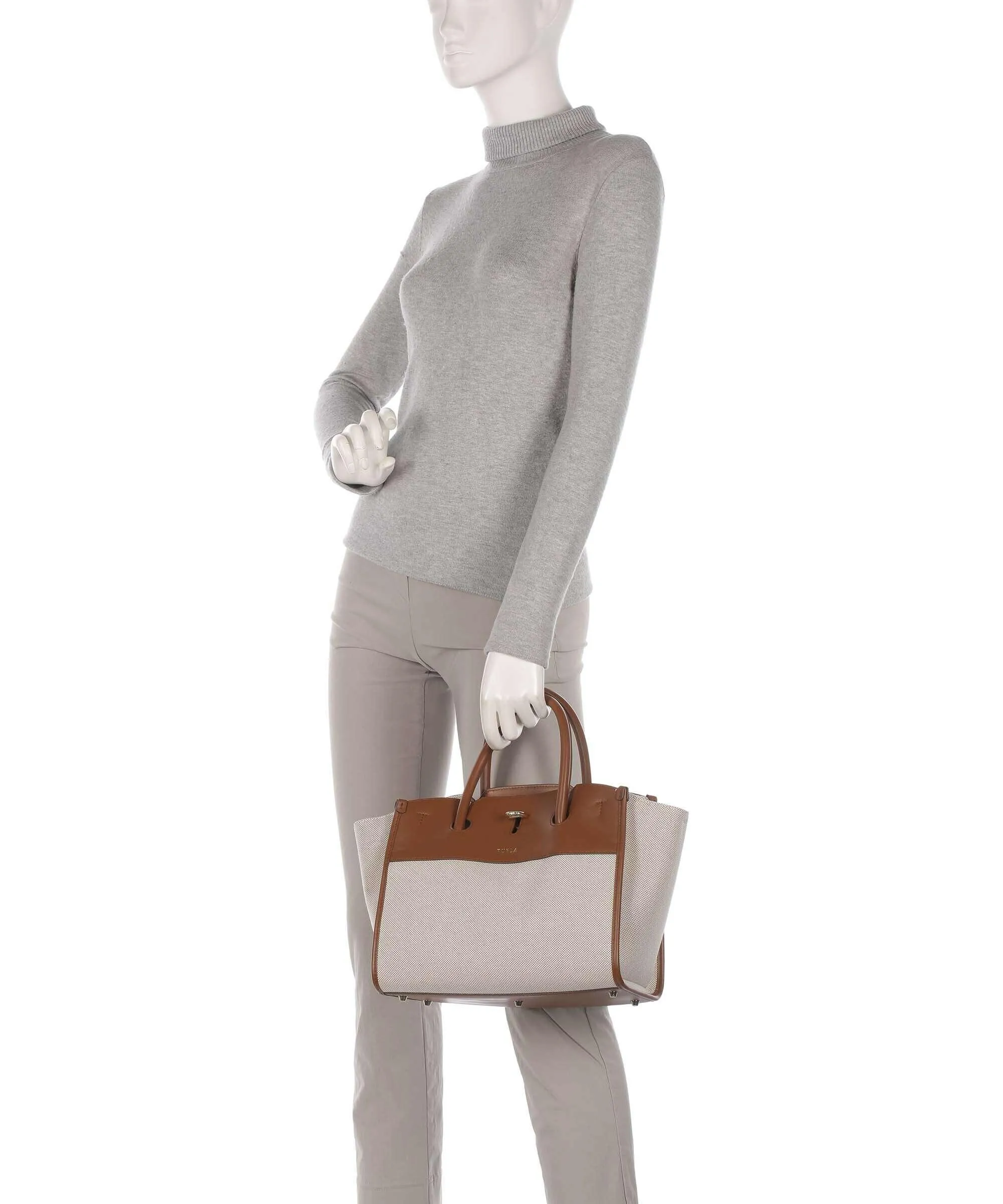  Furla Genesi M Borsa a mano pelle a grana fine, cotone beige/marrone  