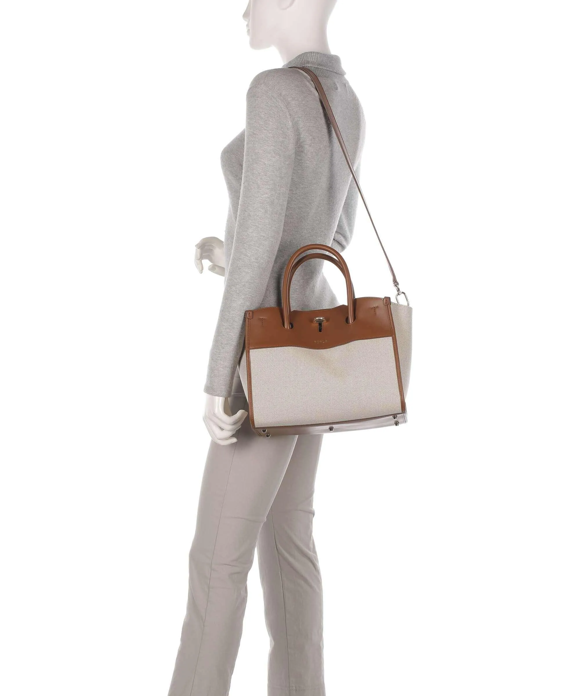  Furla Genesi M Borsa a mano pelle a grana fine, cotone beige/marrone  