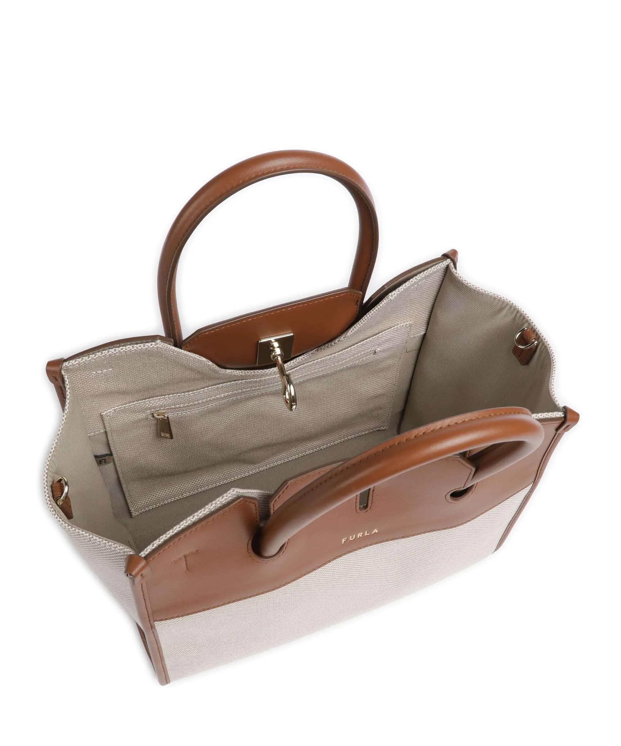  Furla Genesi M Borsa a mano pelle a grana fine, cotone beige/marrone  