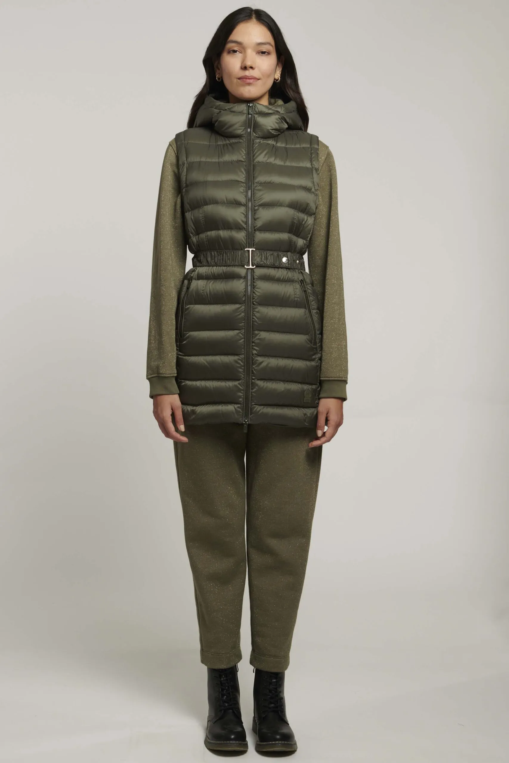 Green sleeveless down jacket with belt