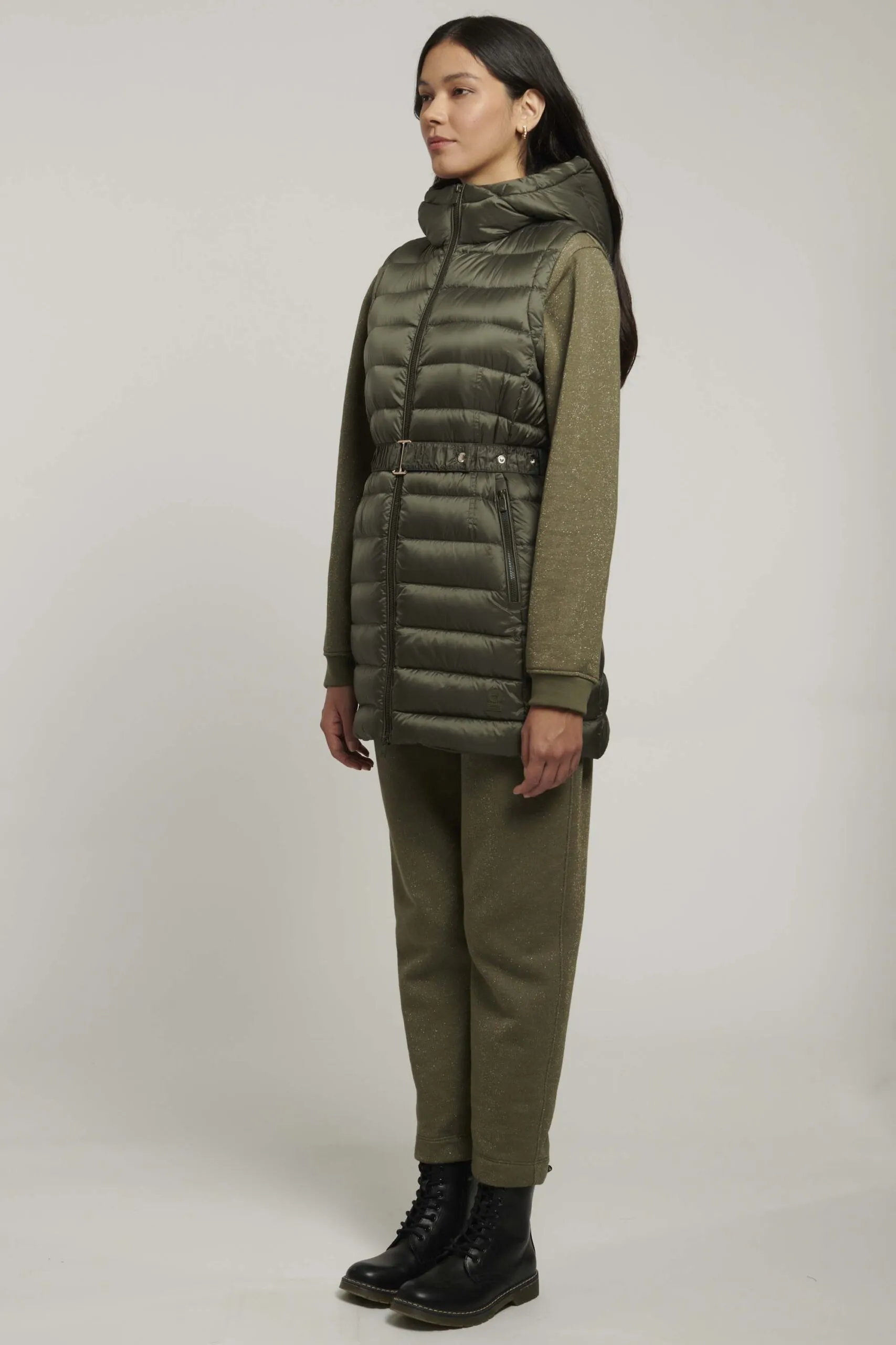 Green sleeveless down jacket with belt