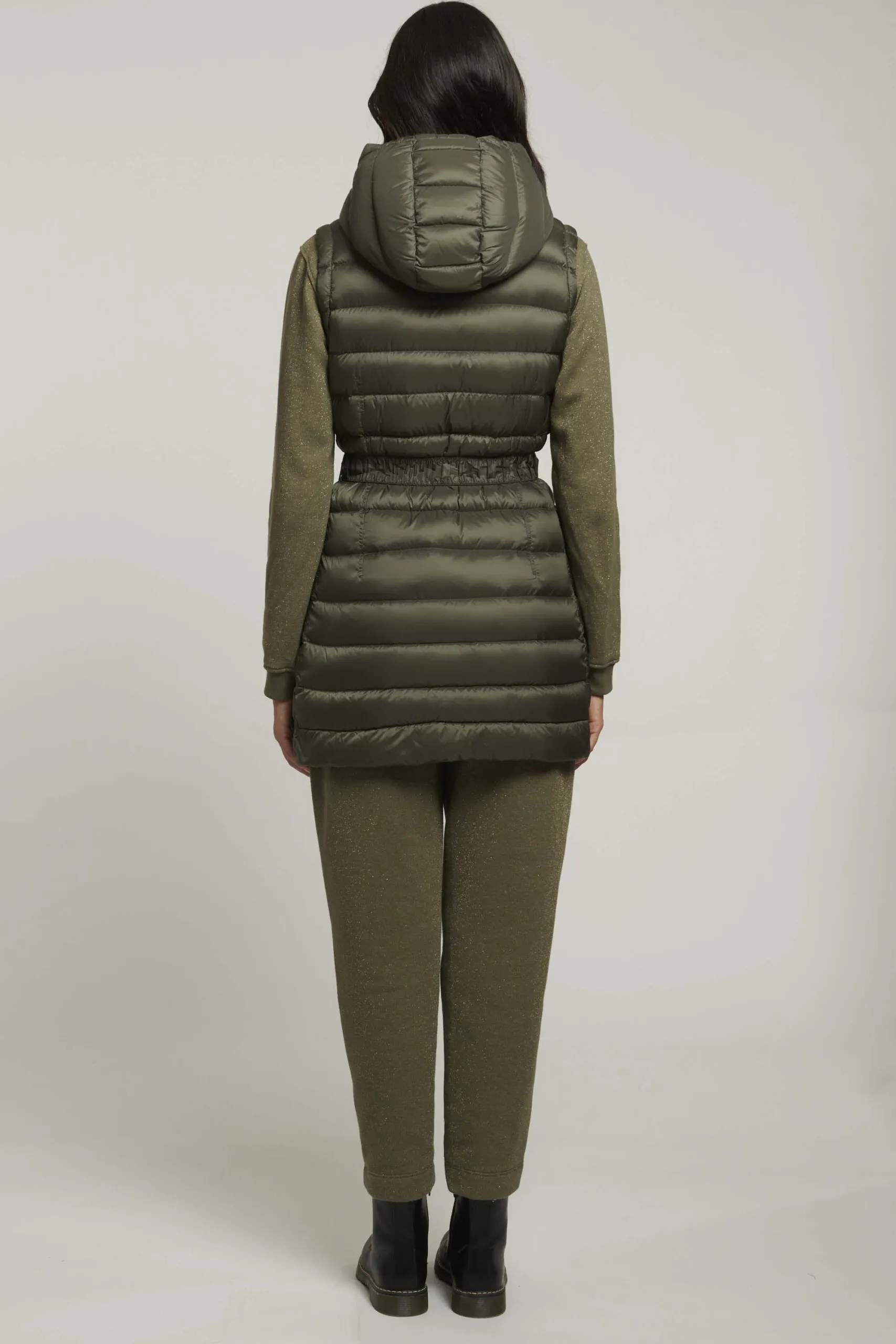 Green sleeveless down jacket with belt