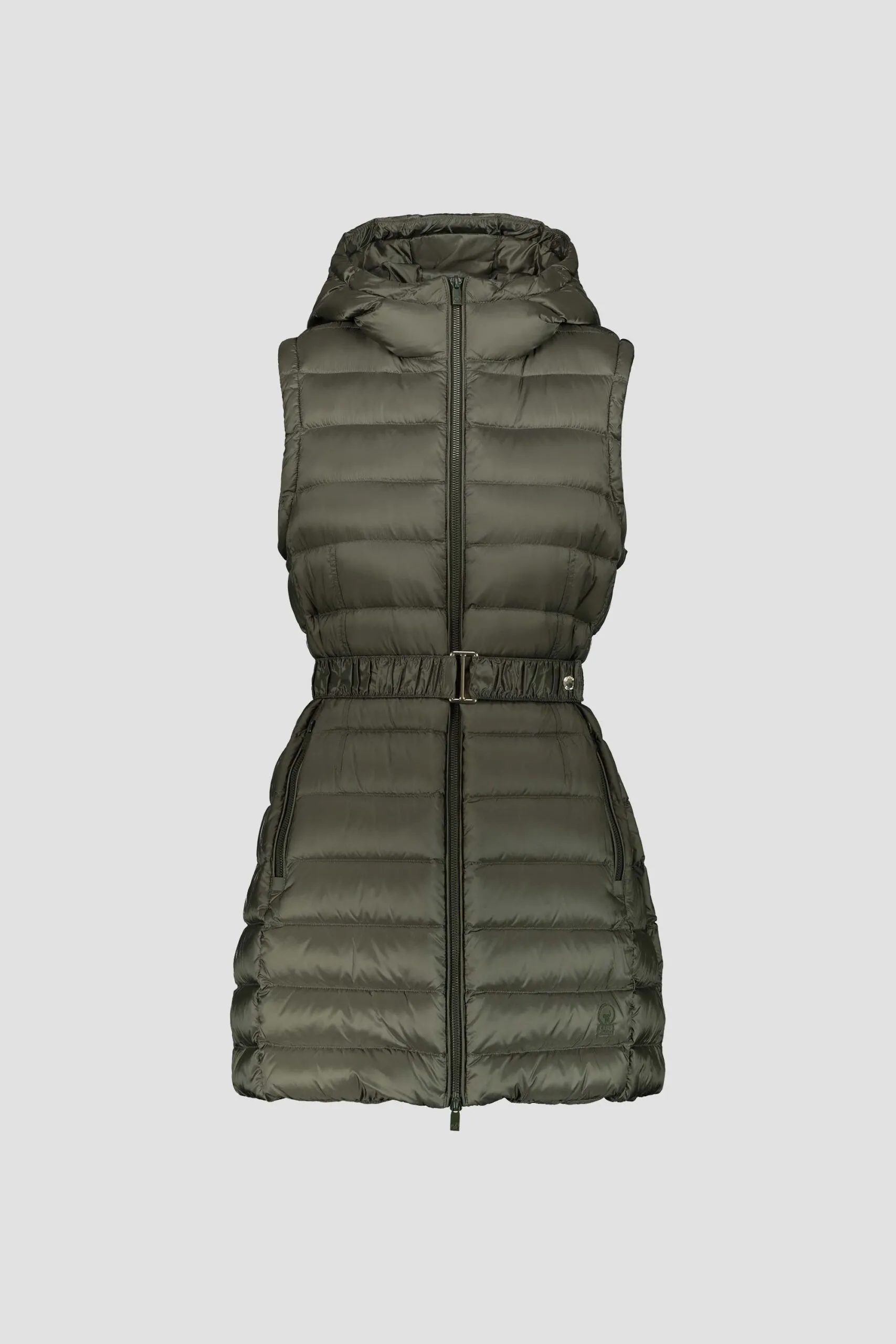 Green sleeveless down jacket with belt