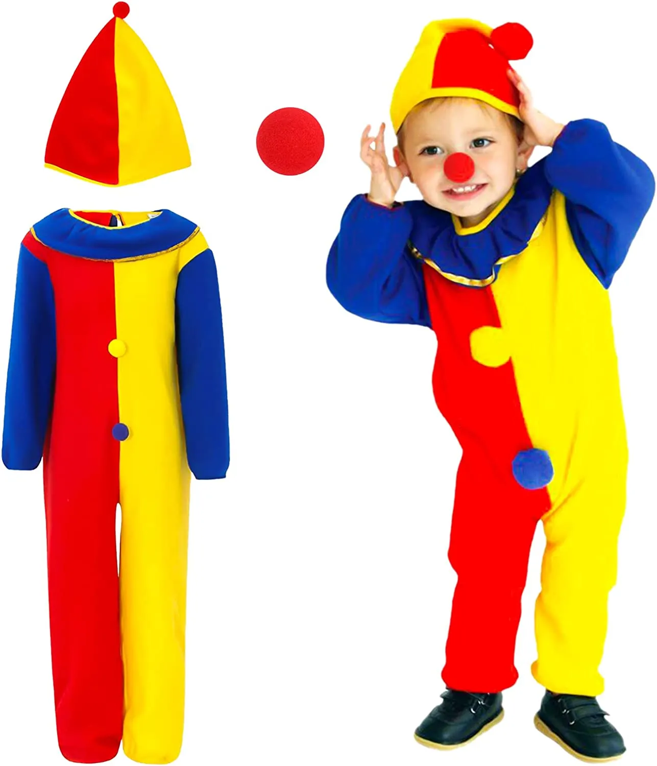 Hereneer Costume da Clown per Bambini, Tuta Clown Set con Cappello e Naso da Pagliaccio, Costume Circo, Ragazzo Ragazza Hallowee