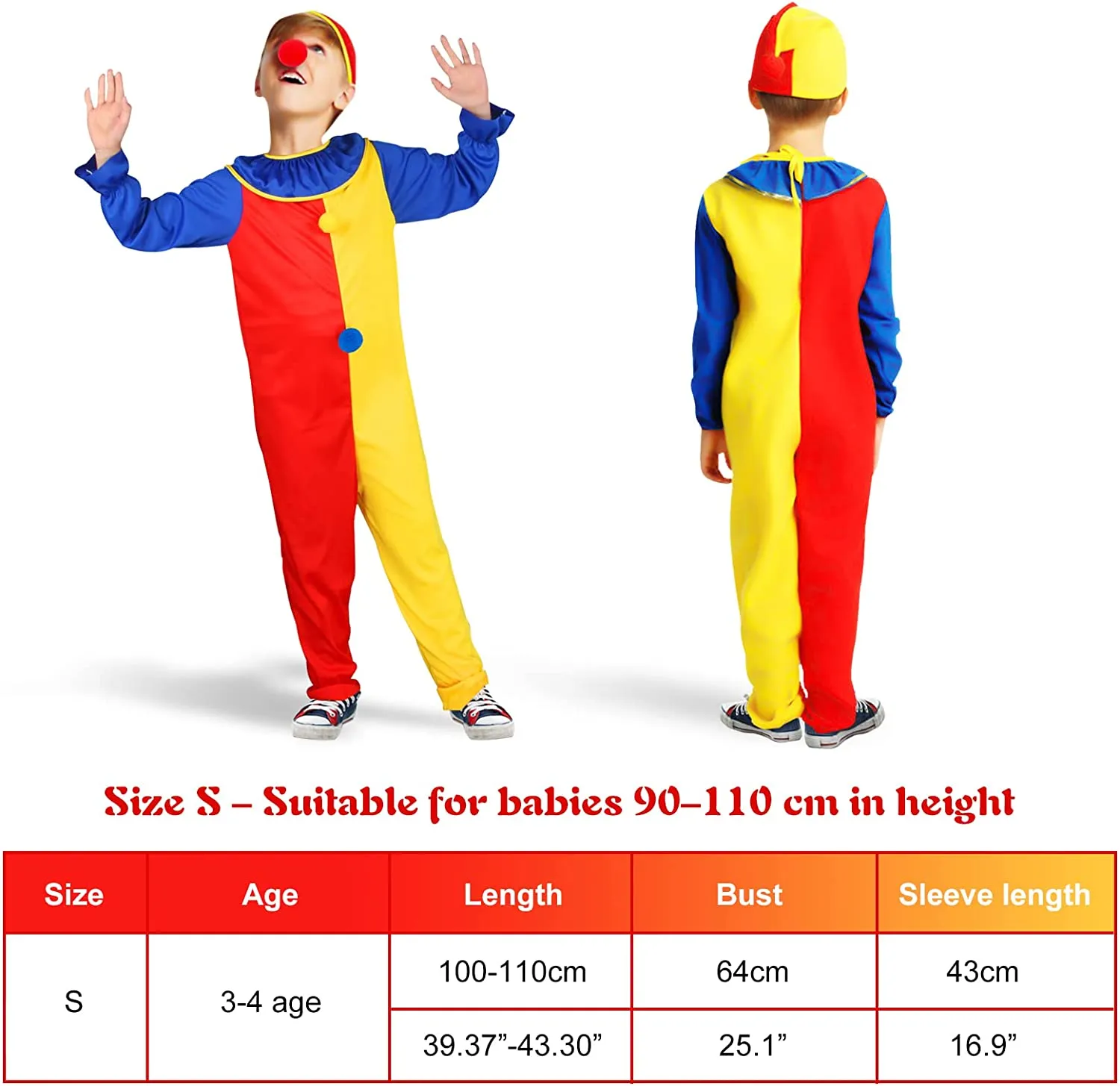 Hereneer Costume da Clown per Bambini, Tuta Clown Set con Cappello e Naso da Pagliaccio, Costume Circo, Ragazzo Ragazza Hallowee