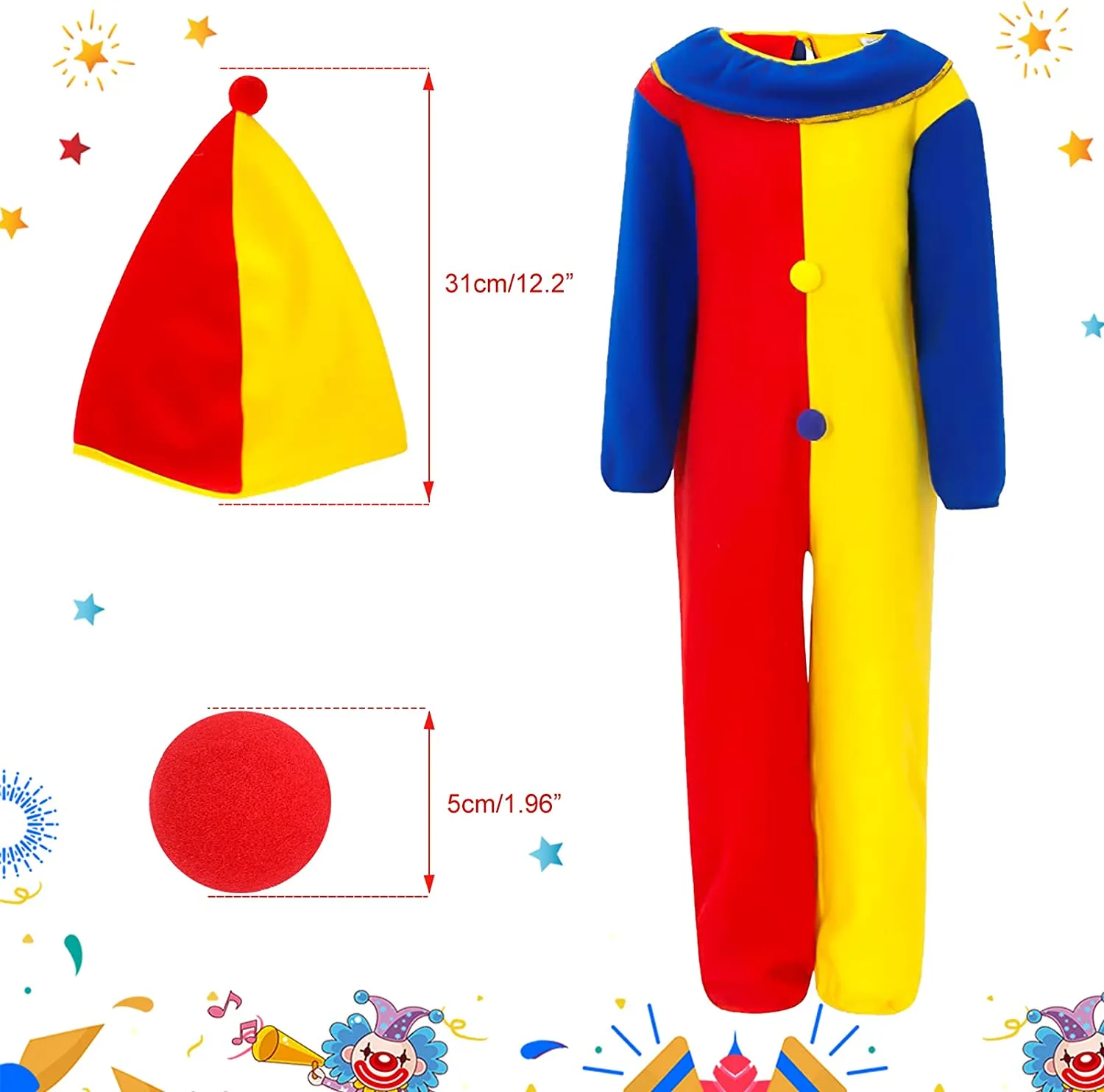 Hereneer Costume da Clown per Bambini, Tuta Clown Set con Cappello e Naso da Pagliaccio, Costume Circo, Ragazzo Ragazza Hallowee