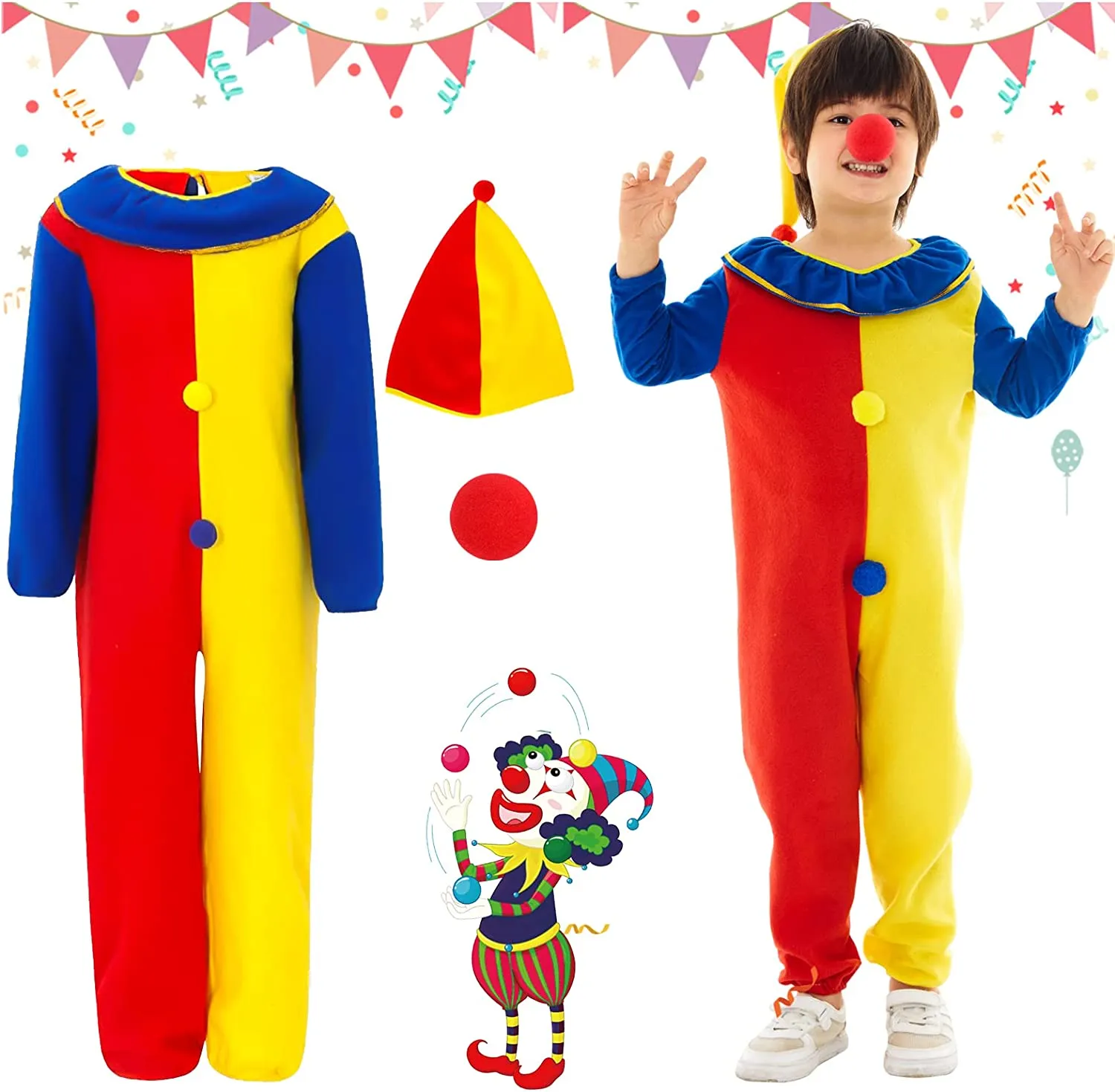Hereneer Costume da Clown per Bambini, Tuta Clown Set con Cappello e Naso da Pagliaccio, Costume Circo, Ragazzo Ragazza Hallowee