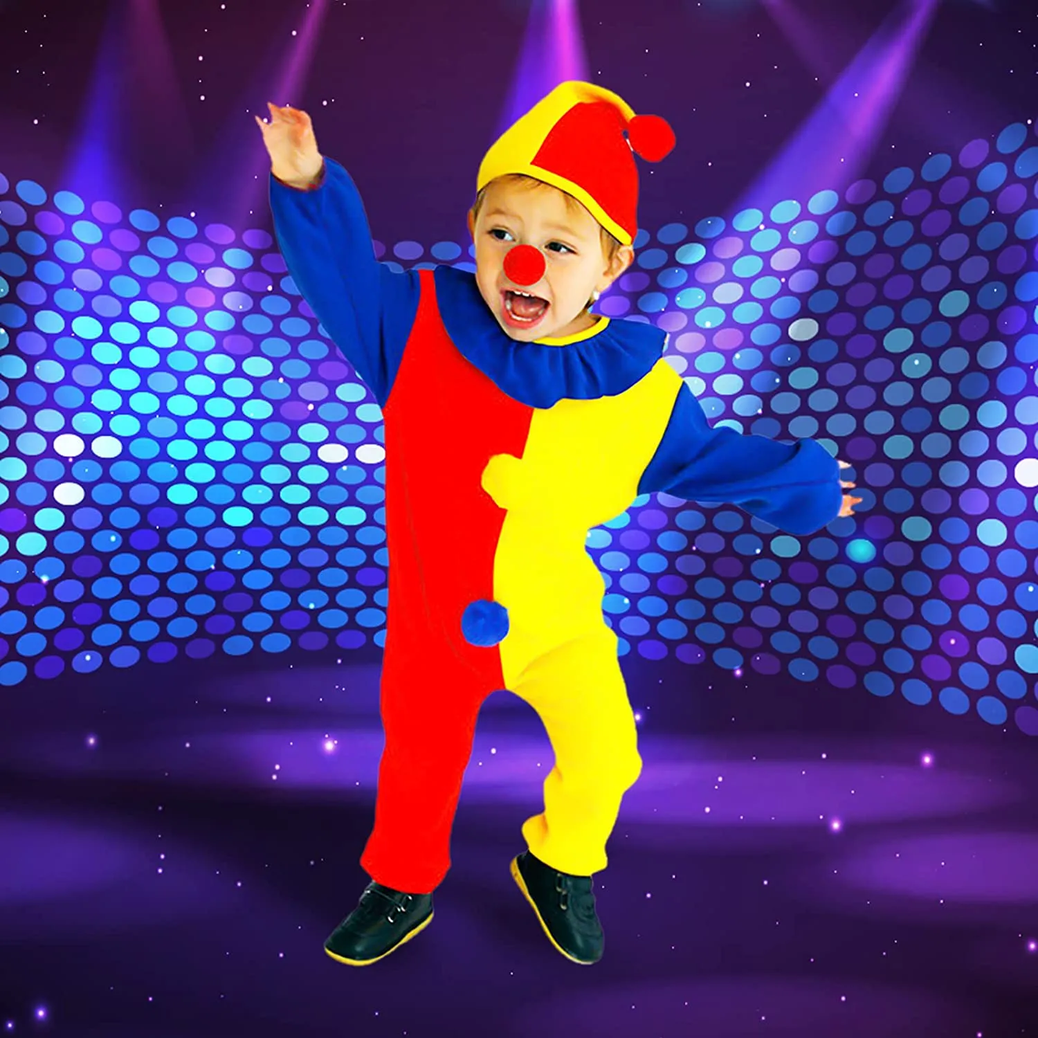 Hereneer Costume da Clown per Bambini, Tuta Clown Set con Cappello e Naso da Pagliaccio, Costume Circo, Ragazzo Ragazza Hallowee