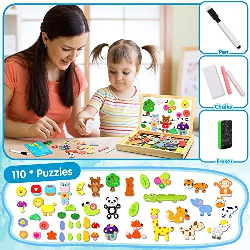 Jojoin 110 PCS Puzzle Magnetico Legno - Lavagna Animali Giocattolo per Bambini - Giochi Montessori - Educativi Puzzle Regalo Bam
