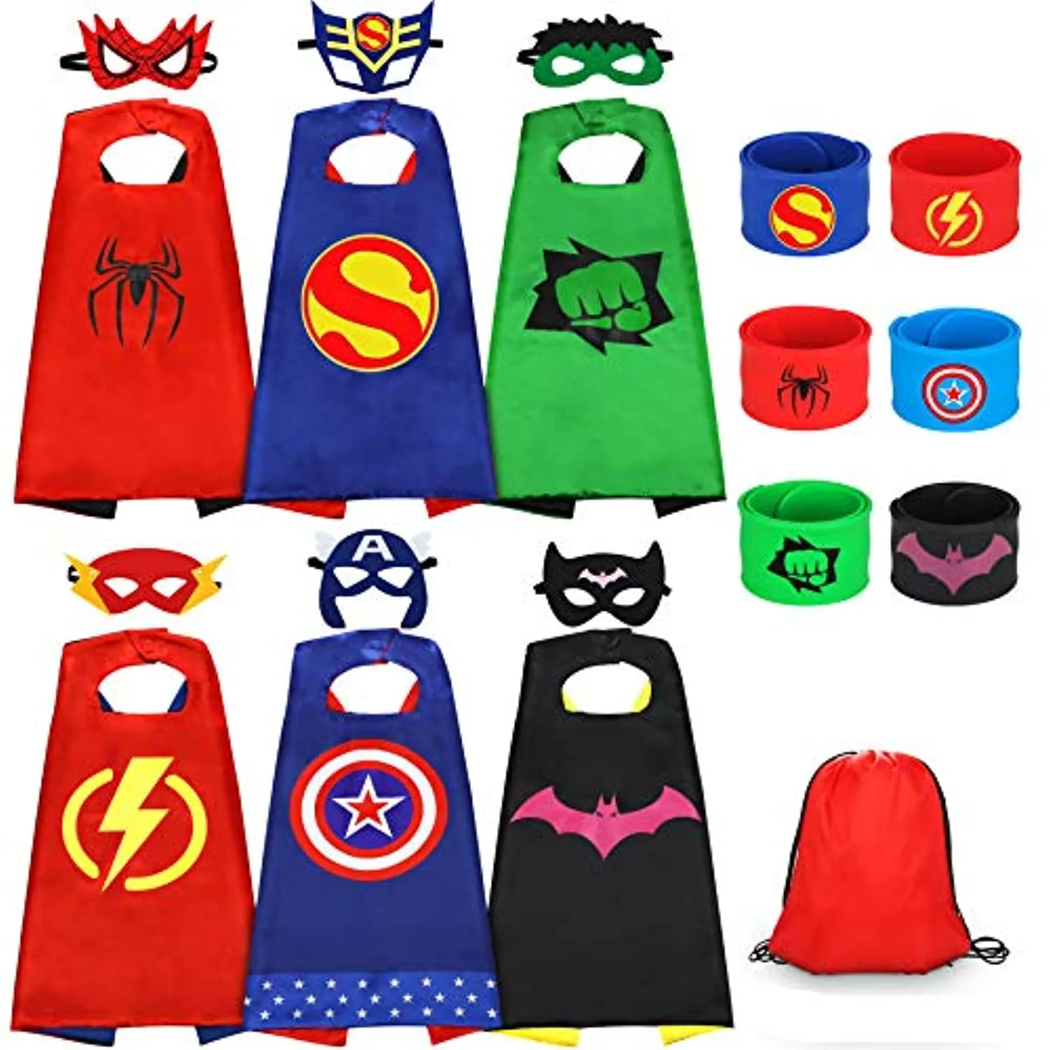 Jojoin Costumi da Supereroi per Bambini, 6/8 Maschere di Supereroi, 6/8 Superhero Braccialetti Slap e 1 Borsa portaoggetti, Cost