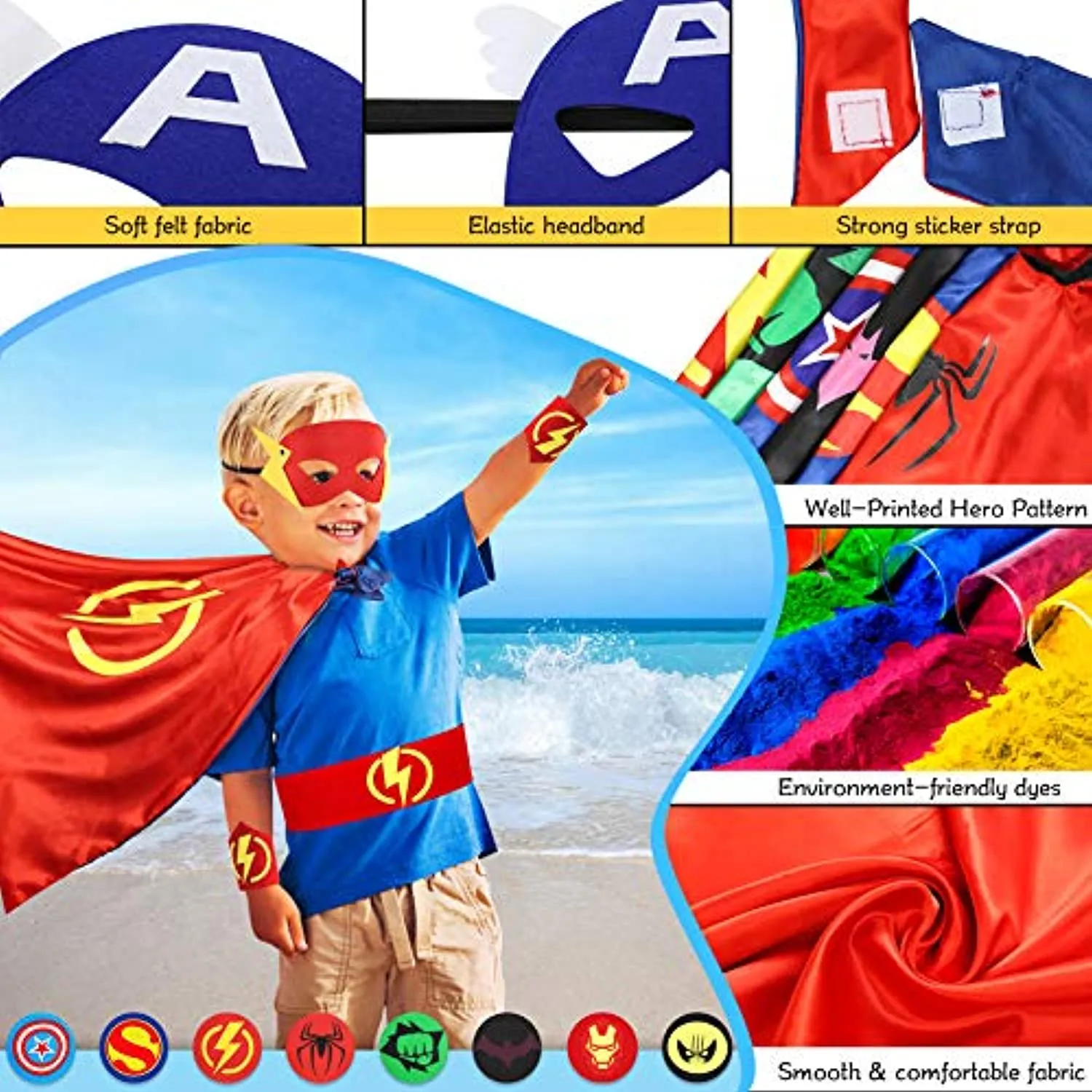 Jojoin Costumi da Supereroi per Bambini, 6/8 Maschere di Supereroi, 6/8 Superhero Braccialetti Slap e 1 Borsa portaoggetti, Cost