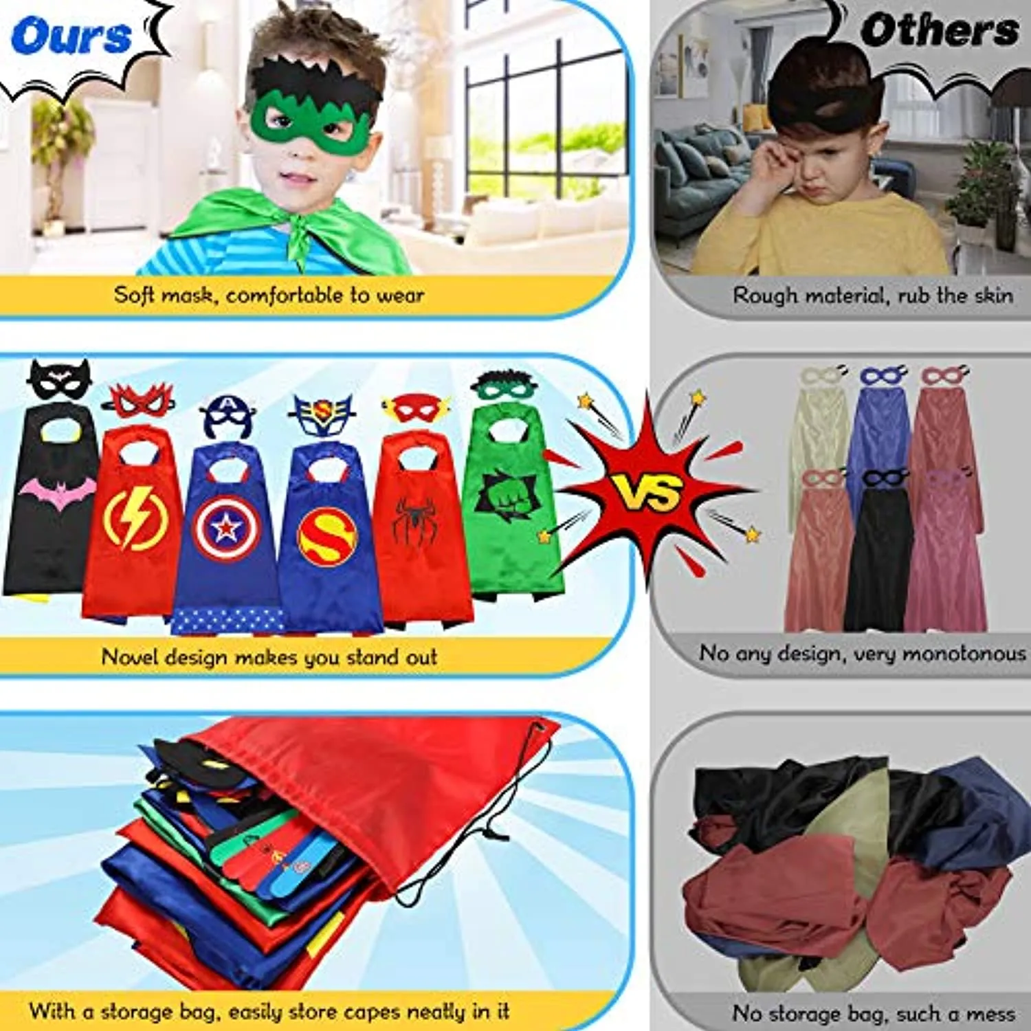 Jojoin Costumi da Supereroi per Bambini, 6/8 Maschere di Supereroi, 6/8 Superhero Braccialetti Slap e 1 Borsa portaoggetti, Cost