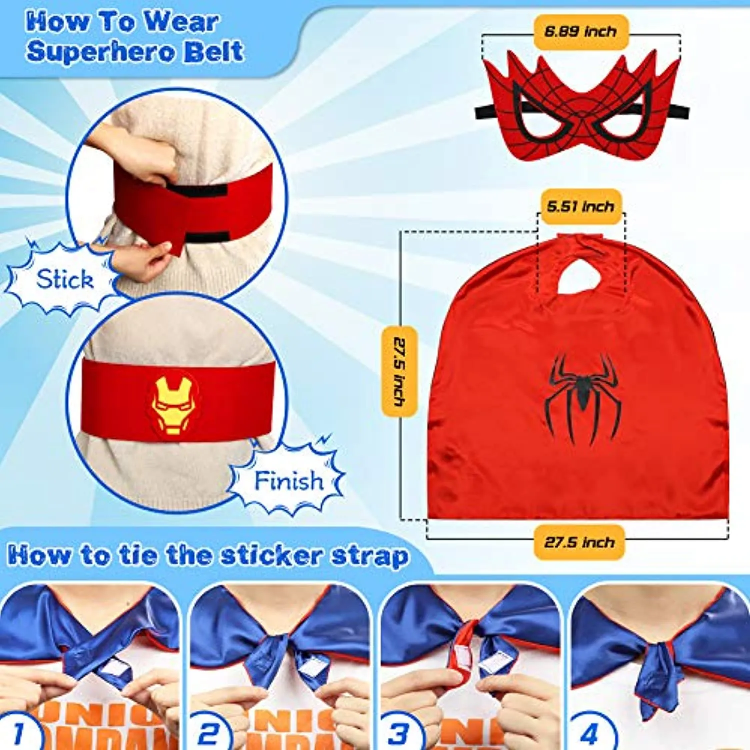 Jojoin Costumi da Supereroi per Bambini, 6/8 Maschere di Supereroi, 6/8 Superhero Braccialetti Slap e 1 Borsa portaoggetti, Cost