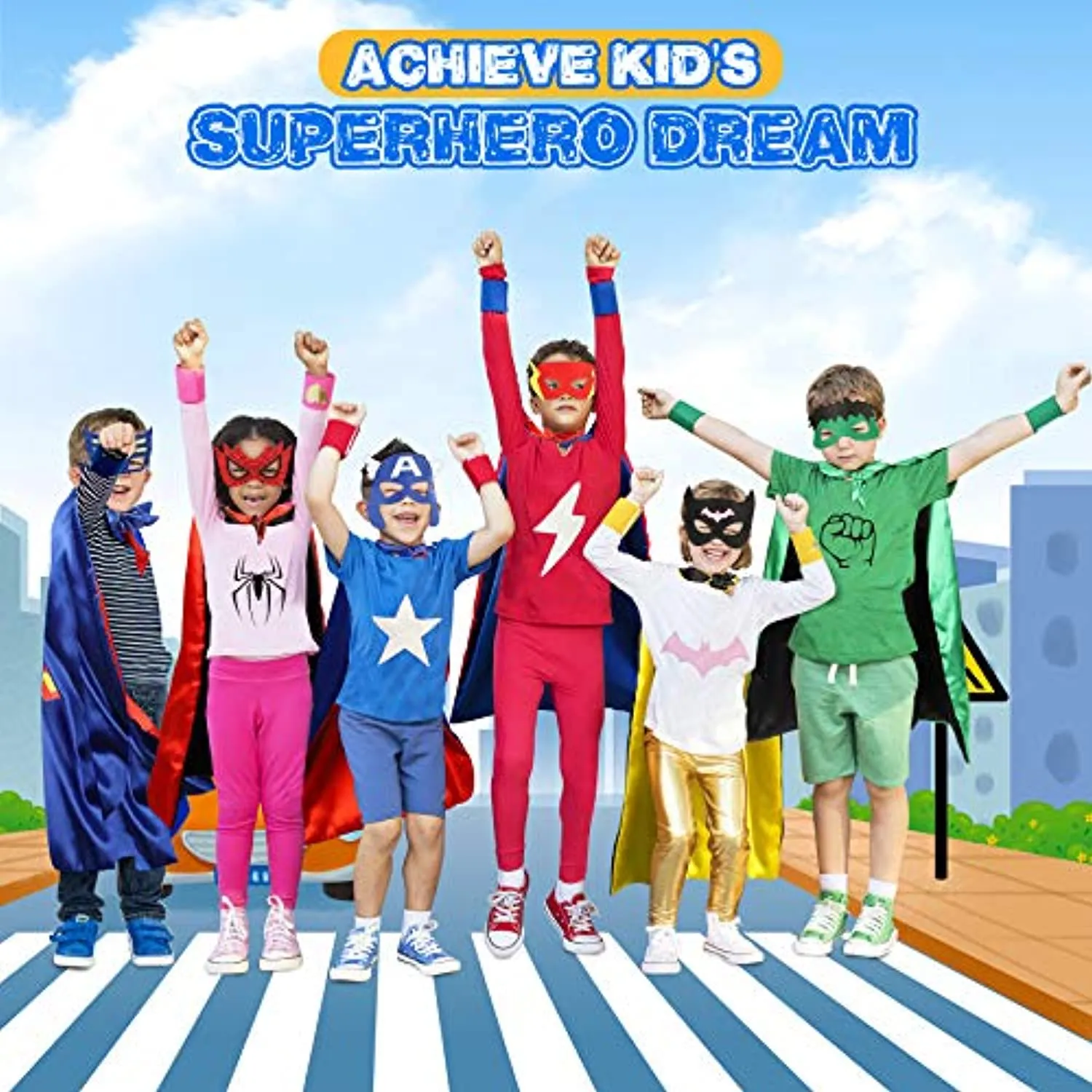Jojoin Costumi da Supereroi per Bambini, 6/8 Maschere di Supereroi, 6/8 Superhero Braccialetti Slap e 1 Borsa portaoggetti, Cost