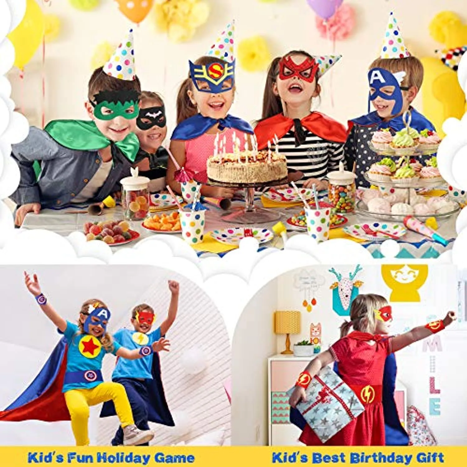 Jojoin Costumi da Supereroi per Bambini, 6/8 Maschere di Supereroi, 6/8 Superhero Braccialetti Slap e 1 Borsa portaoggetti, Cost