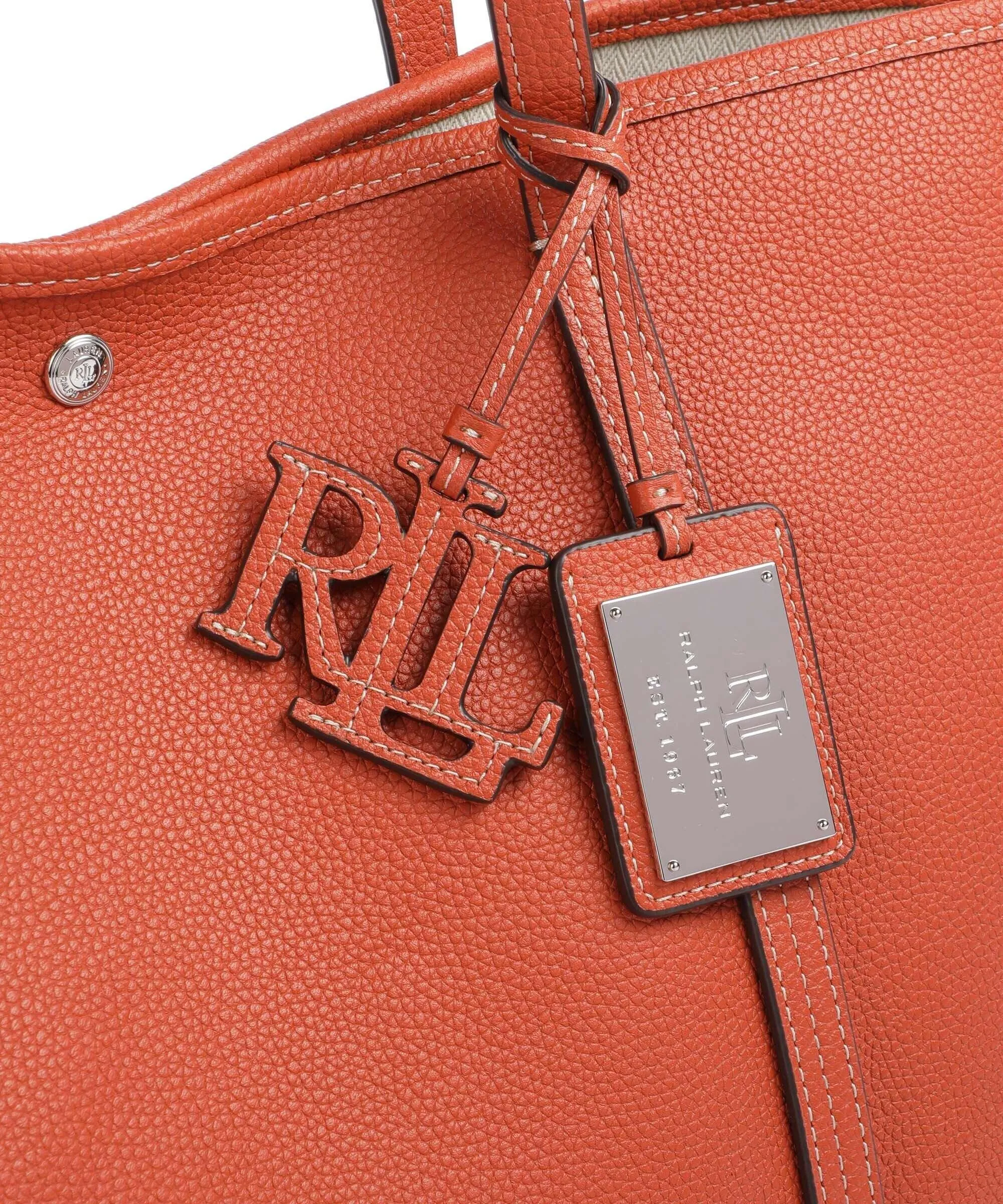  Lauren Ralph Lauren Emerie Large Borsa shopper pelle di vacchetta grana arancio  
