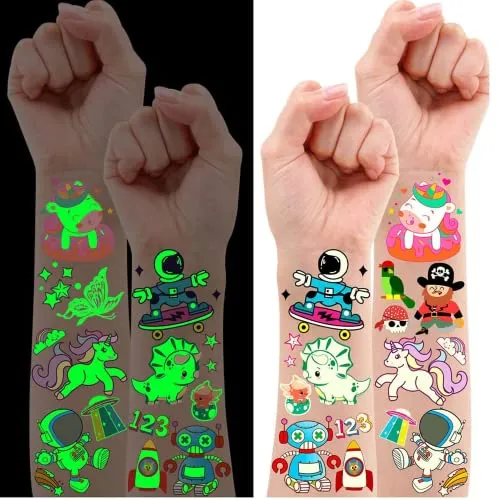 Leesgel 380 (30 Fogli) Tatuaggi per Bambini Luminosi Temporanei Stile Misti Unicorno/Dinosauro/Sirena/Pirata, Tatuaggio Festa Ga