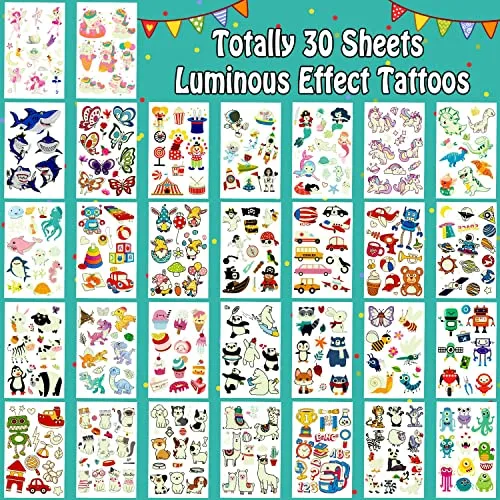 Leesgel 380 (30 Fogli) Tatuaggi per Bambini Luminosi Temporanei Stile Misti Unicorno/Dinosauro/Sirena/Pirata, Tatuaggio Festa Ga