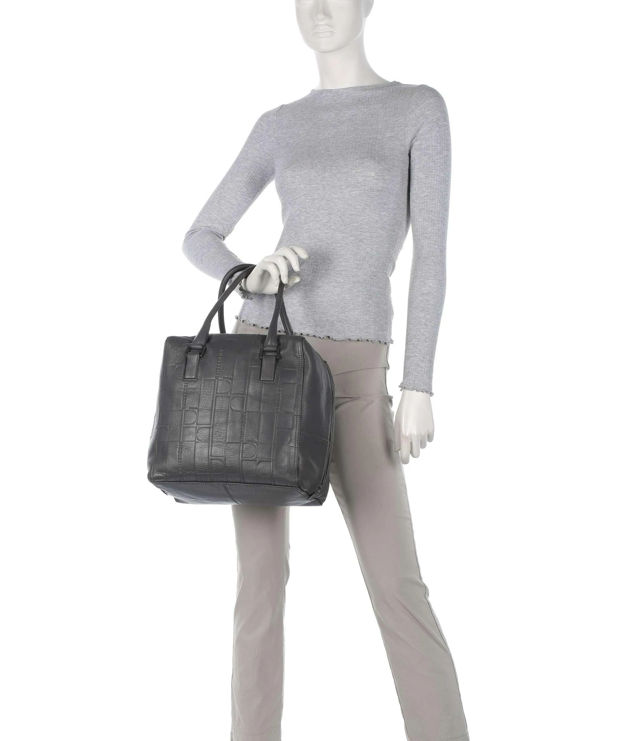  Liebeskind Kayla Monogram Sheep Natural M Borsa a mano pelle di vacchetta goffrata grigio scuro  