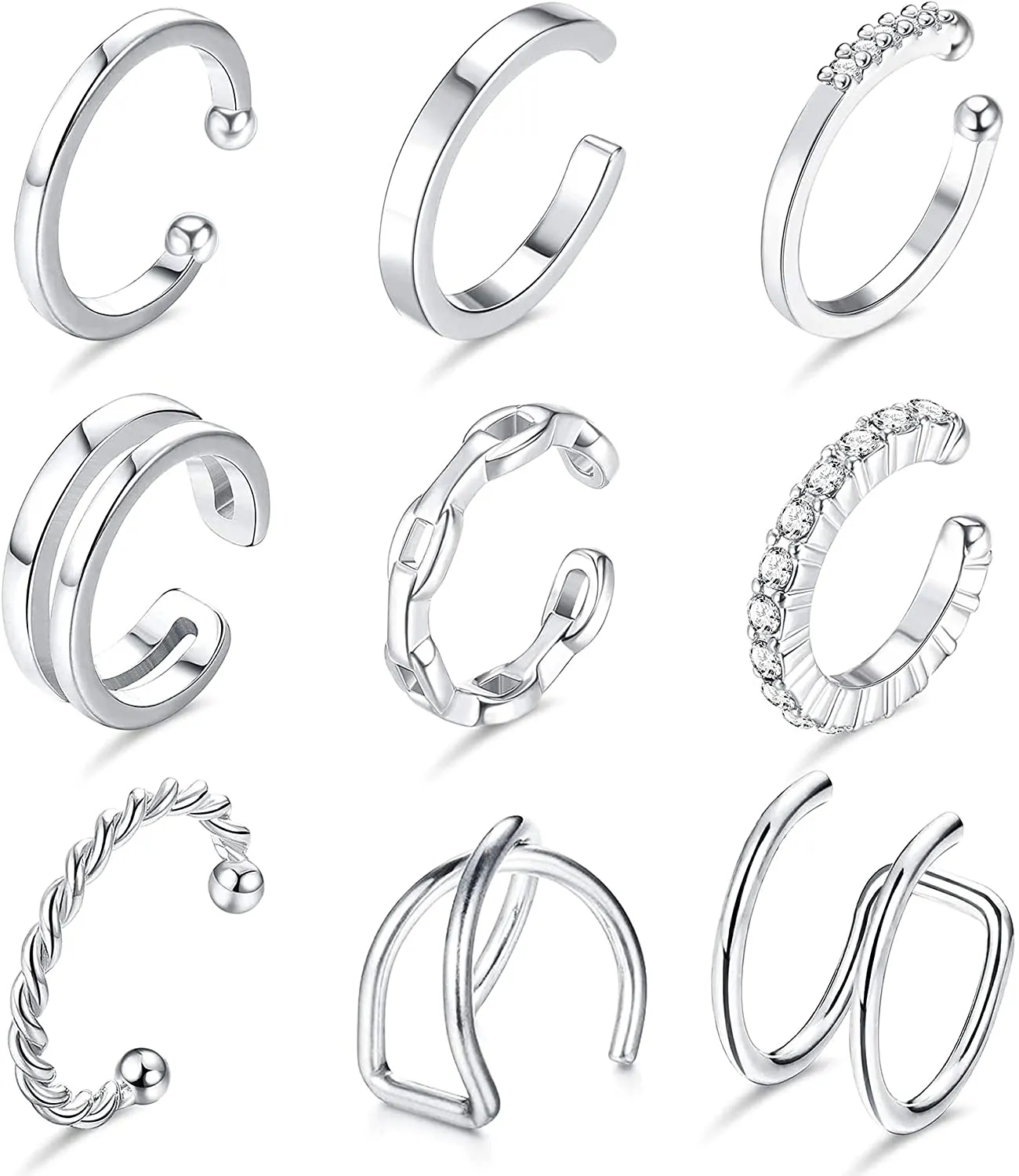LOLIAS 9 PCS Ear Cuffs Orecchini a cerchio piccoli per donna Clip per orecchie finte non penetranti CZ Helix Cartilagine Conch C