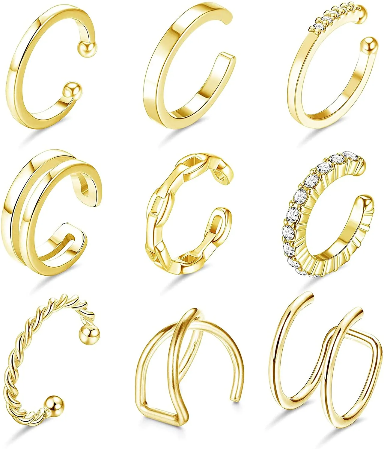 LOLIAS 9 PCS Ear Cuffs Orecchini a cerchio piccoli per donna Clip per orecchie finte non penetranti CZ Helix Cartilagine Conch C