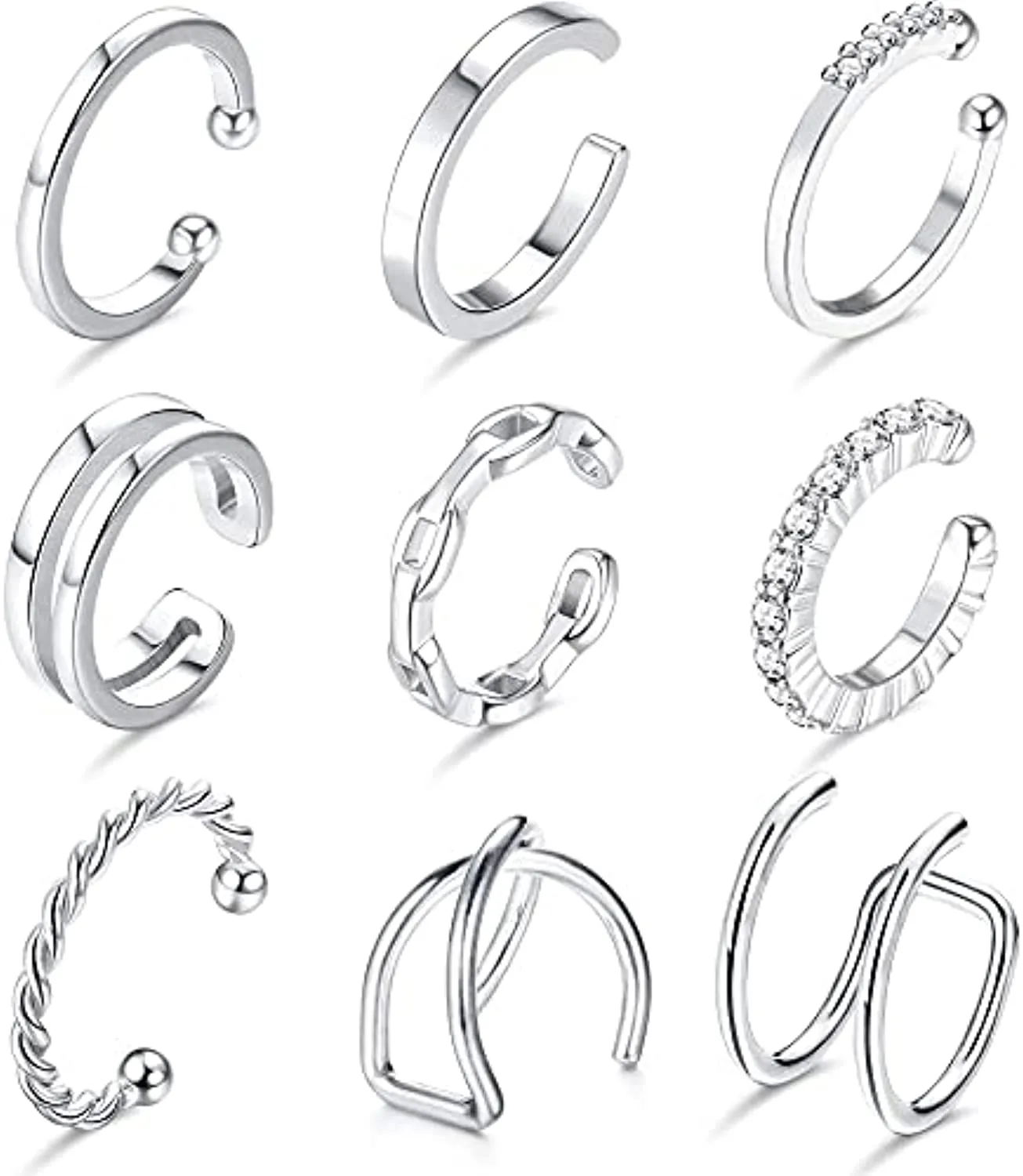 LOLIAS 9 PCS Ear Cuffs Orecchini a cerchio piccoli per donna Clip per orecchie finte non penetranti CZ Helix Cartilagine Conch C