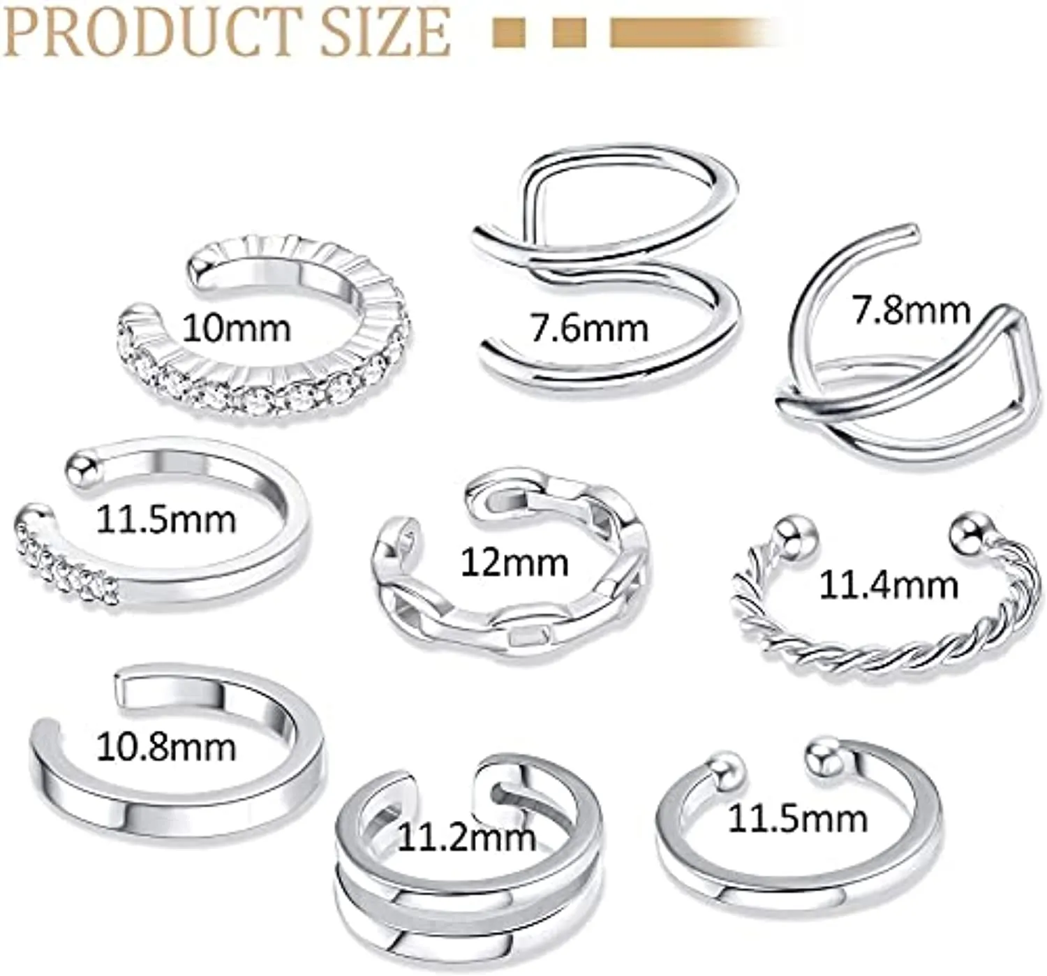 LOLIAS 9 PCS Ear Cuffs Orecchini a cerchio piccoli per donna Clip per orecchie finte non penetranti CZ Helix Cartilagine Conch C