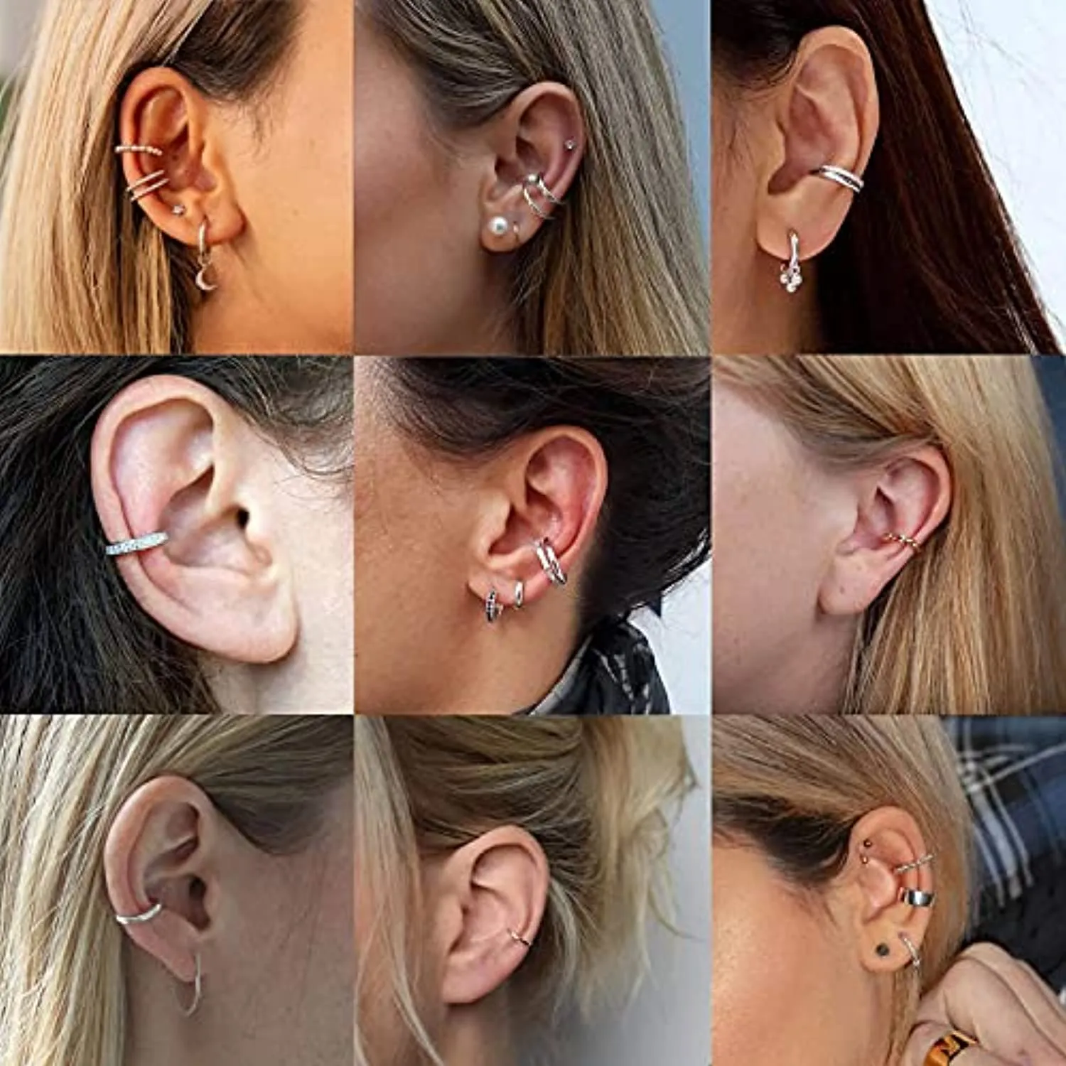 LOLIAS 9 PCS Ear Cuffs Orecchini a cerchio piccoli per donna Clip per orecchie finte non penetranti CZ Helix Cartilagine Conch C