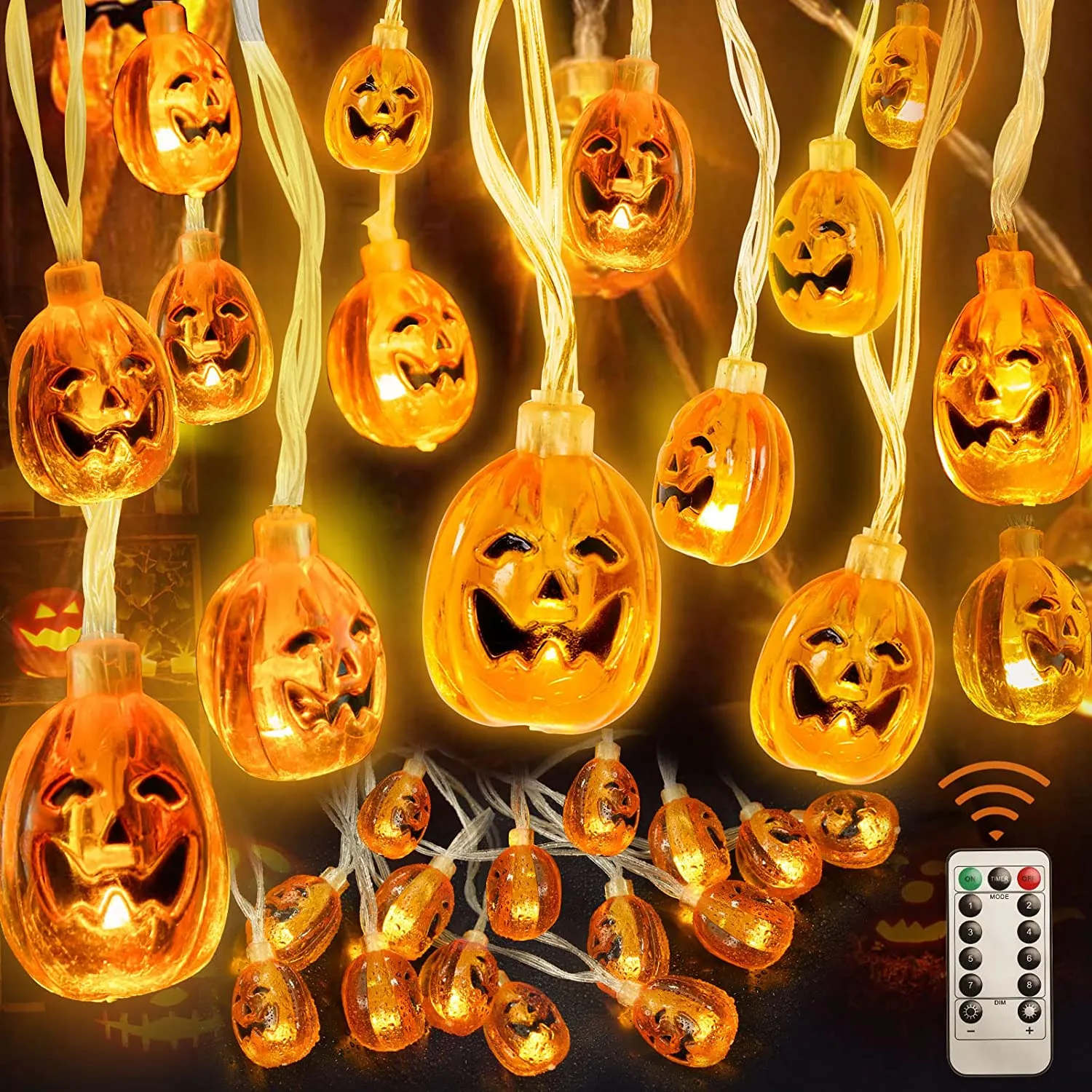 Luci Halloween Zucca 40 LED - WOWDSGN Catene Luminose 4,5M con 8 Modalità di Illuminazione e Telecomando - Stringa Luci LED Impe