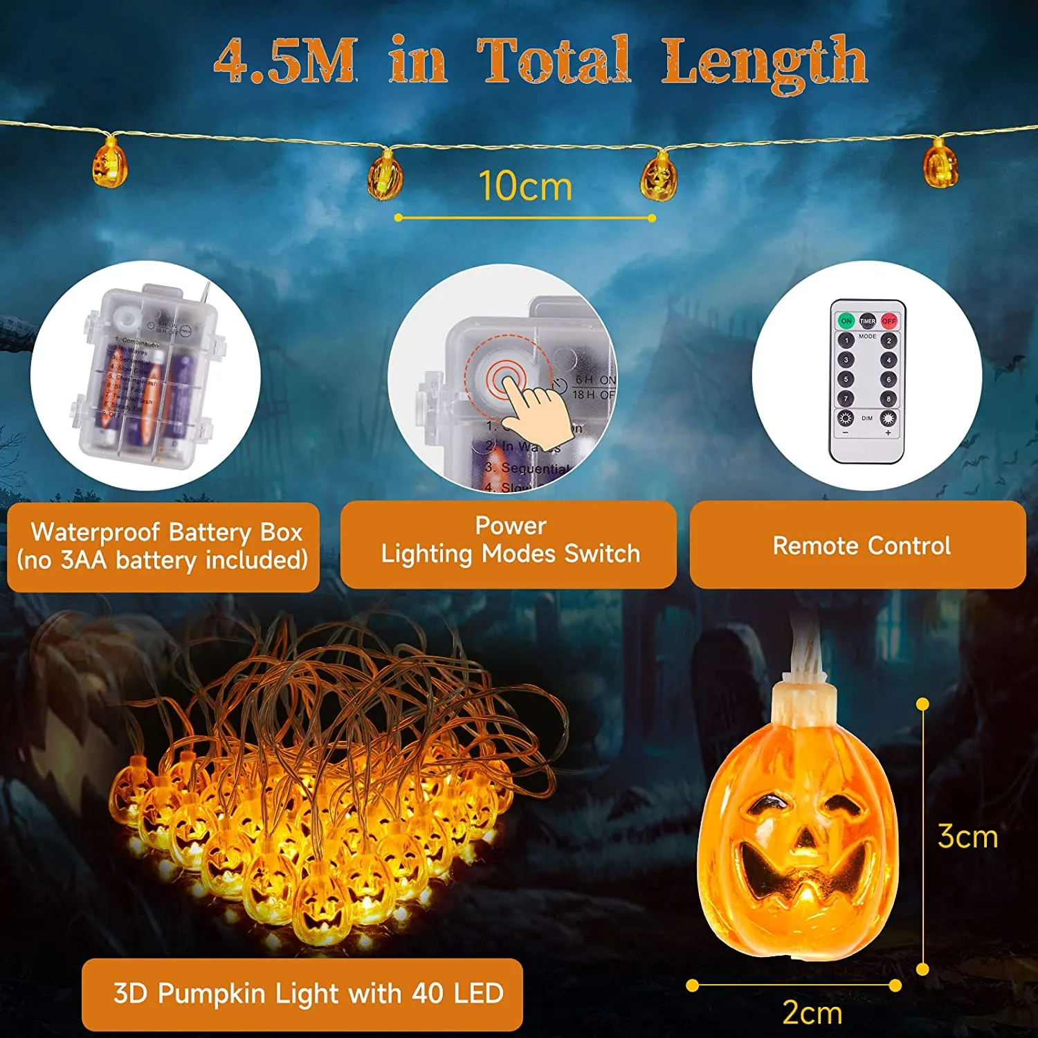Luci Halloween Zucca 40 LED - WOWDSGN Catene Luminose 4,5M con 8 Modalità di Illuminazione e Telecomando - Stringa Luci LED Impe