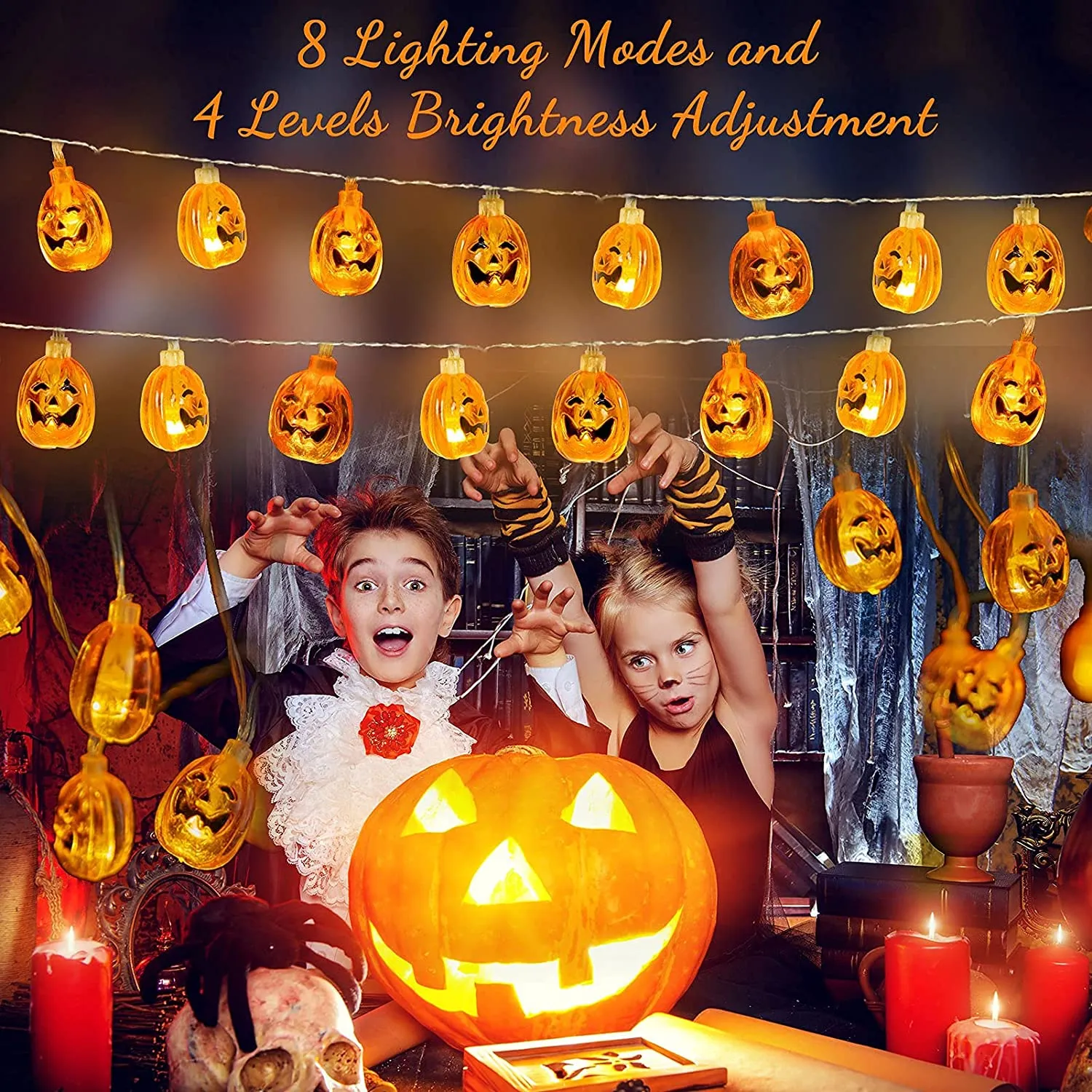 Luci Halloween Zucca 40 LED - WOWDSGN Catene Luminose 4,5M con 8 Modalità di Illuminazione e Telecomando - Stringa Luci LED Impe
