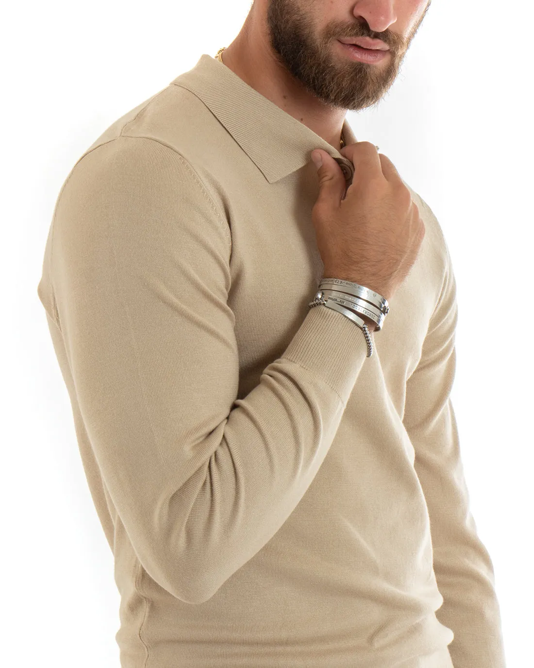 Maglioncino Uomo Casual Maglia Con Colletto Polo Tinta Unita Basic Beige GIOSAL-M2681A